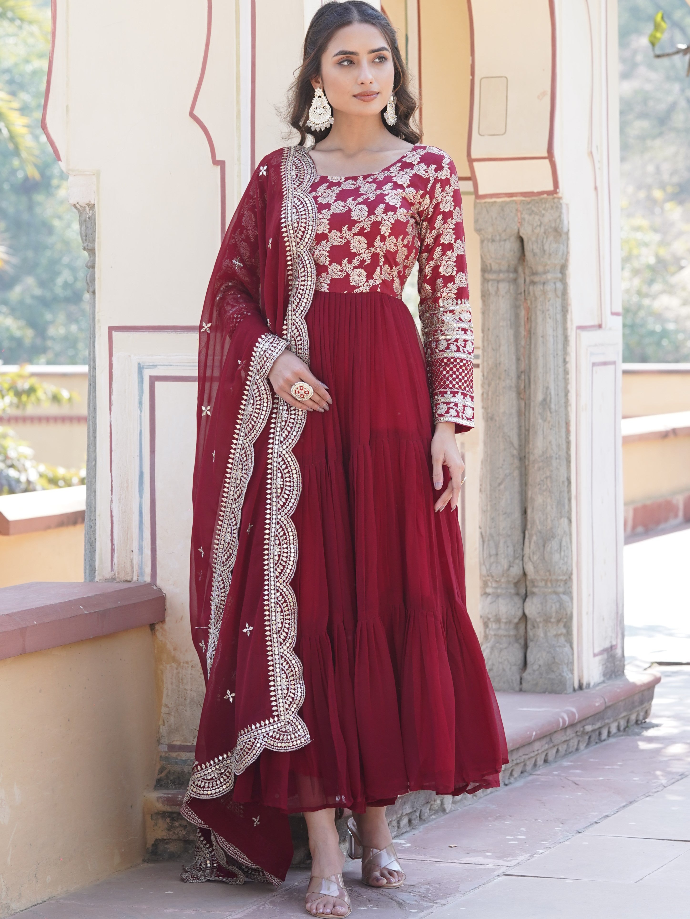Viscose Jacquard Embroidered Gown With Dupatta