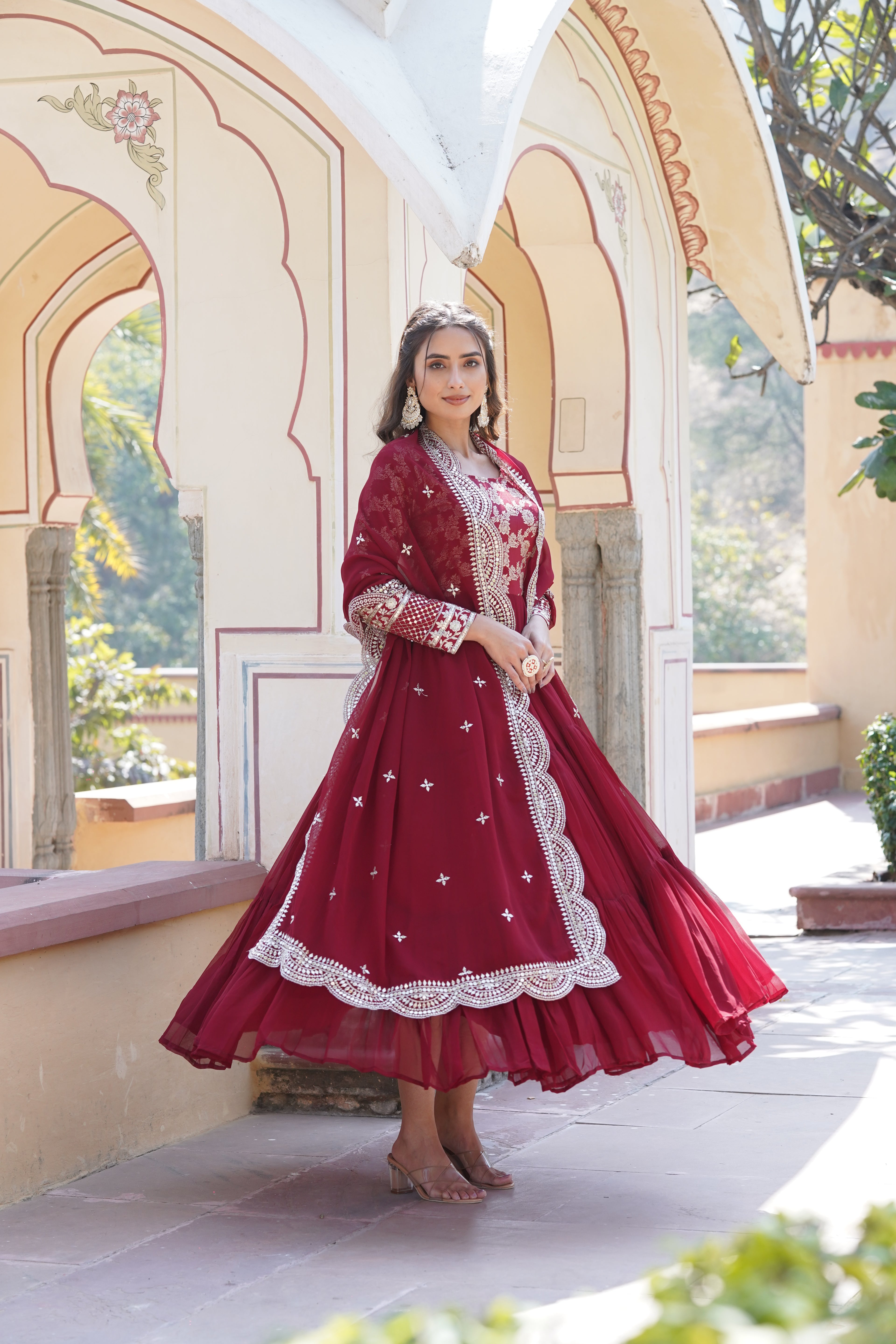 Viscose Jacquard Embroidered Gown With Dupatta