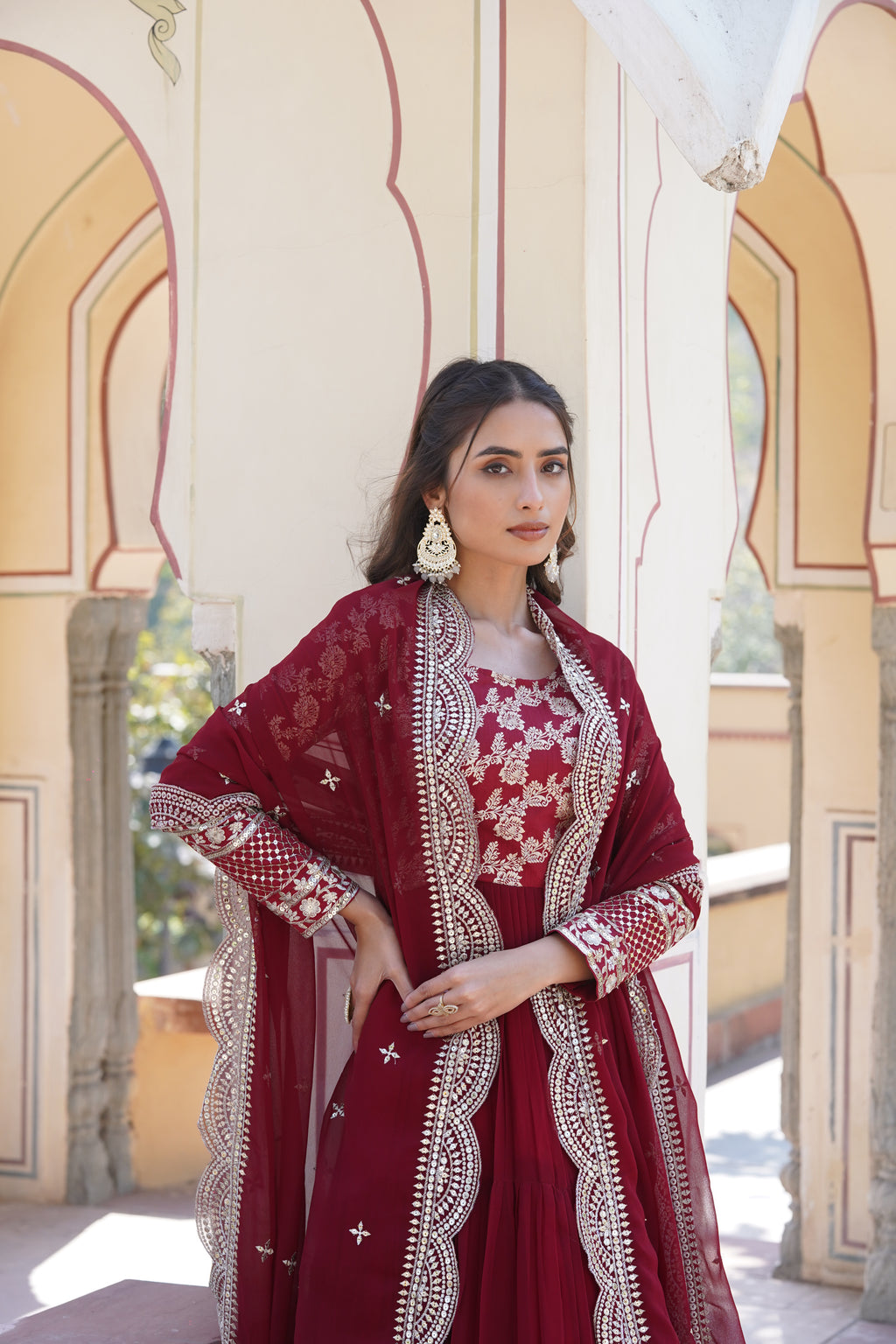 Viscose Jacquard Embroidered Gown With Dupatta
