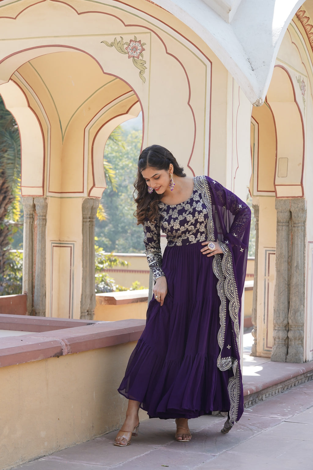 Viscose Jacquard Embroidered Gown With Dupatta