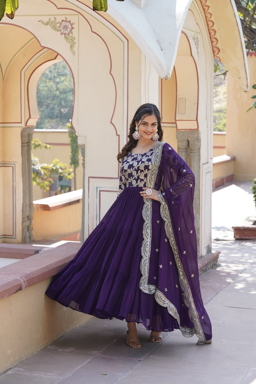 Viscose Jacquard Embroidered Gown With Dupatta