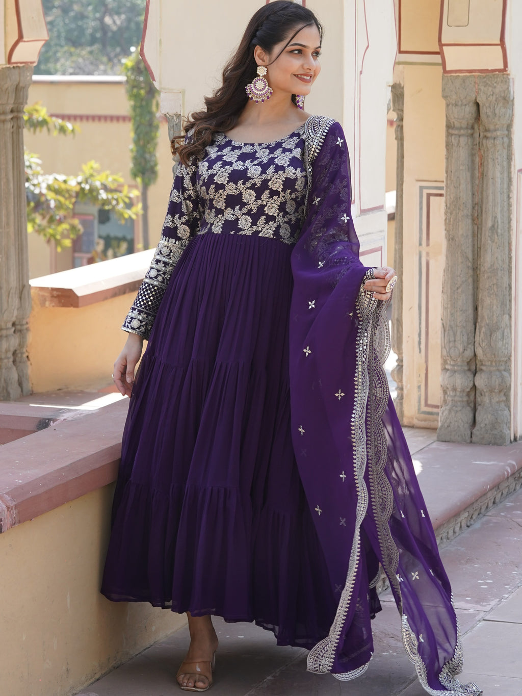 Viscose Jacquard Embroidered Gown With Dupatta