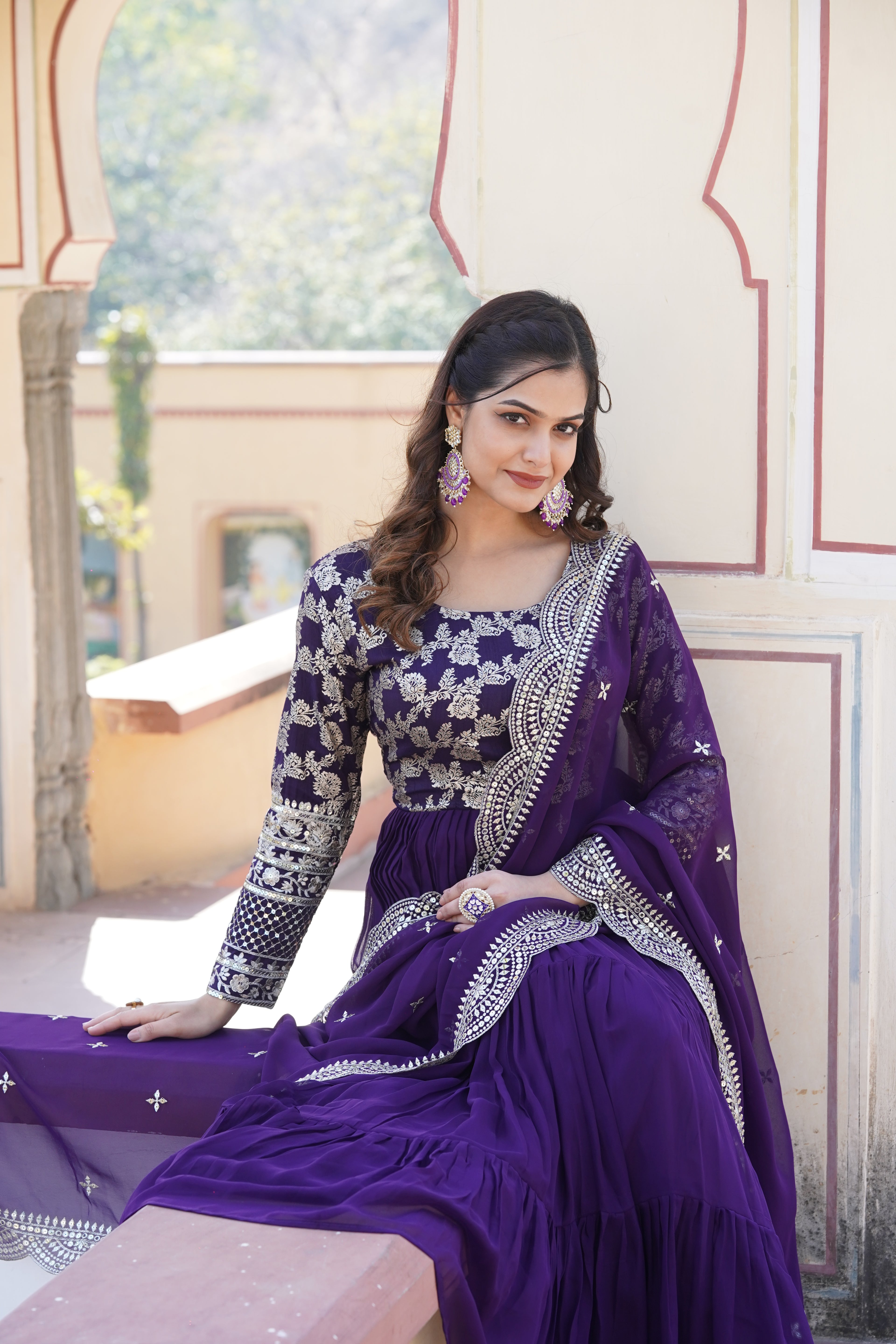 Viscose Jacquard Embroidered Gown With Dupatta