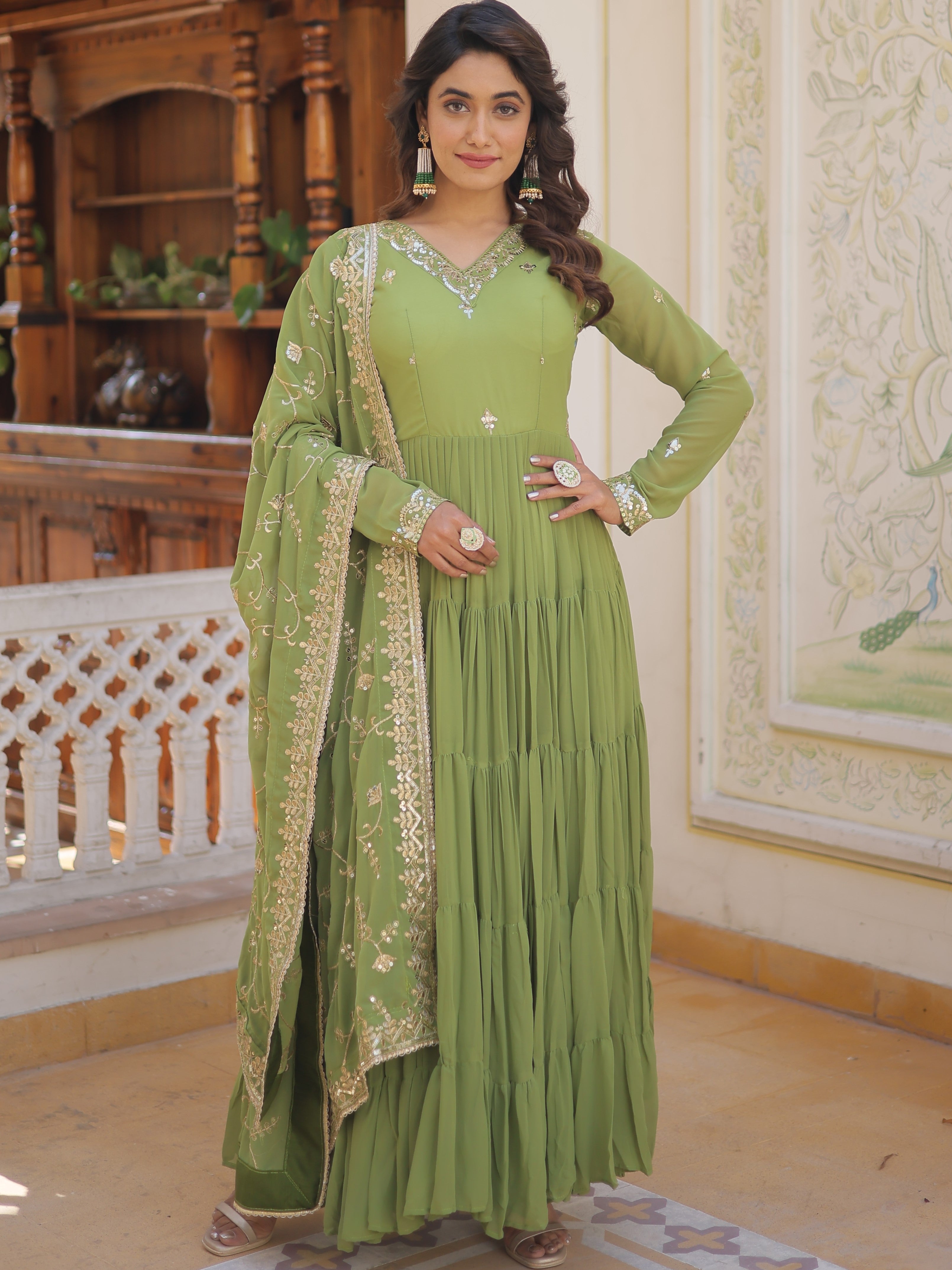 Faux Georgette Embroidered Gown With Dupatta