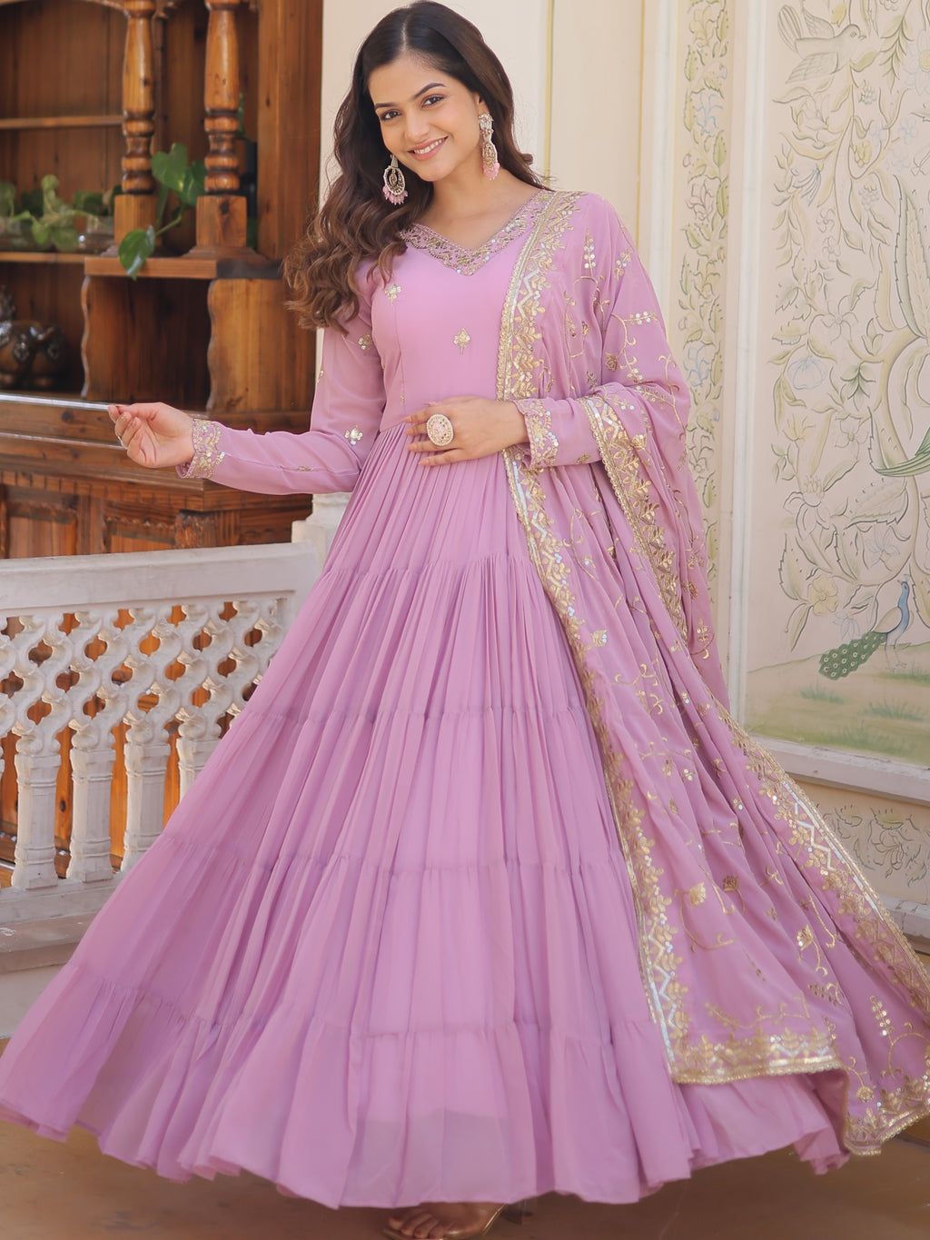 Faux Georgette Embroidered Gown With Dupatta
