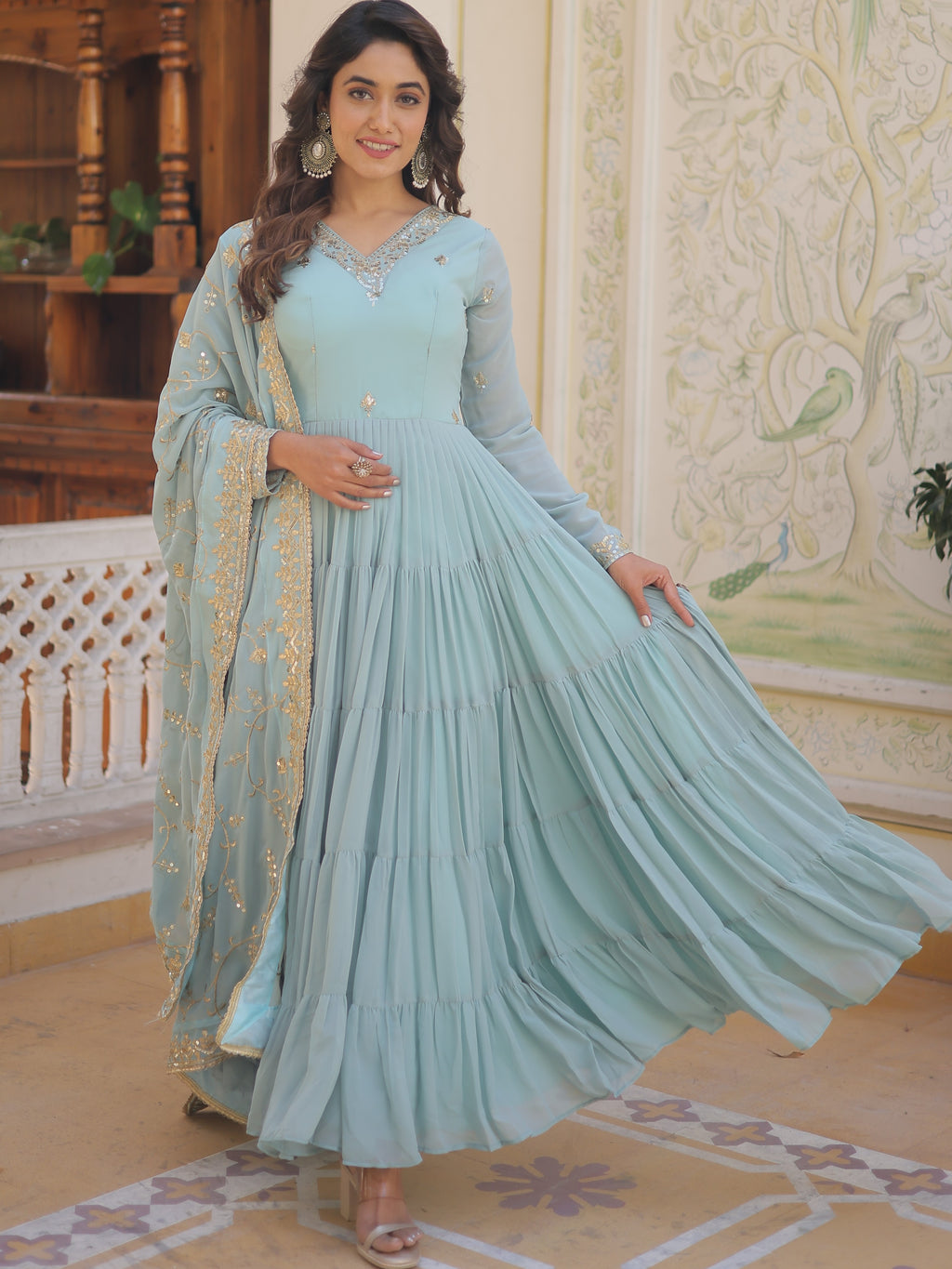 Faux Georgette Embroidered Gown With Dupatta
