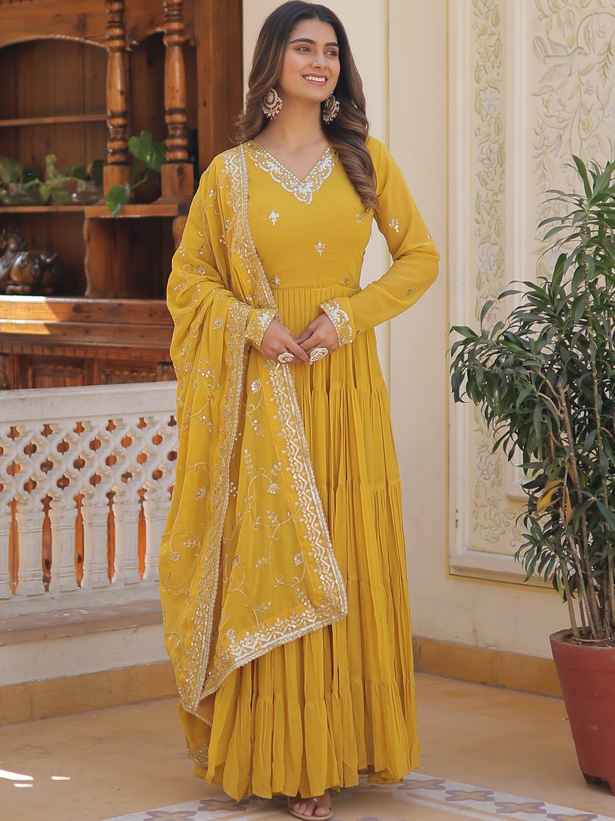 Faux Georgette Embroidered Gown With Dupatta