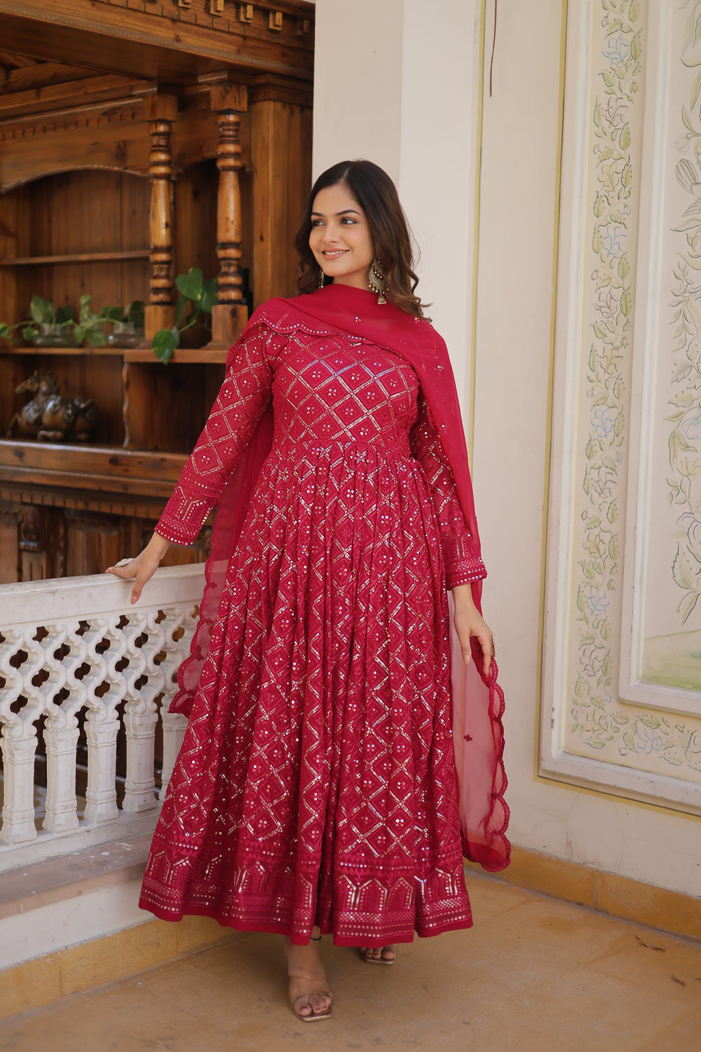 Faux Blooming Embroidered Gown With Dupatta