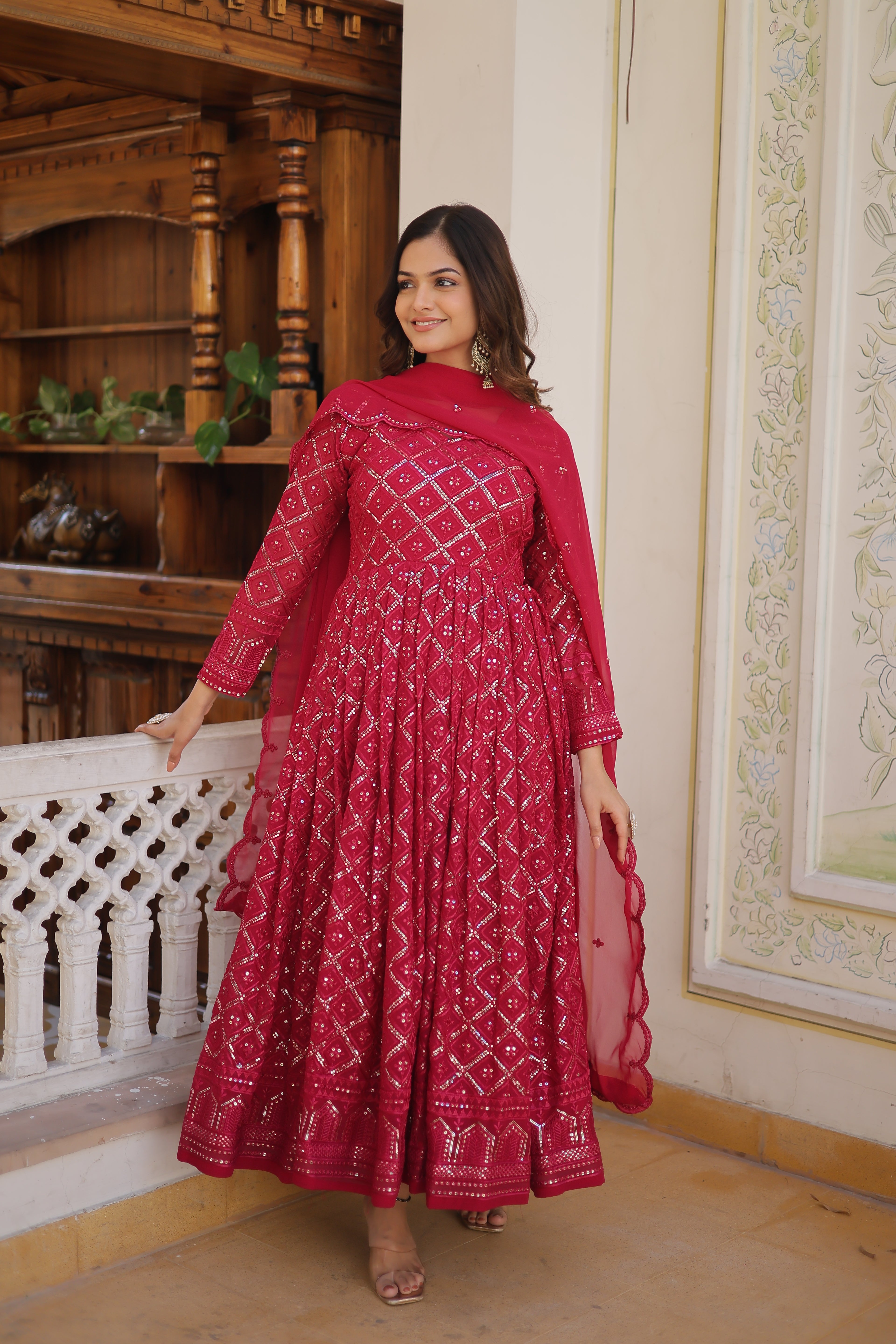 Faux Blooming Embroidered Gown With Dupatta