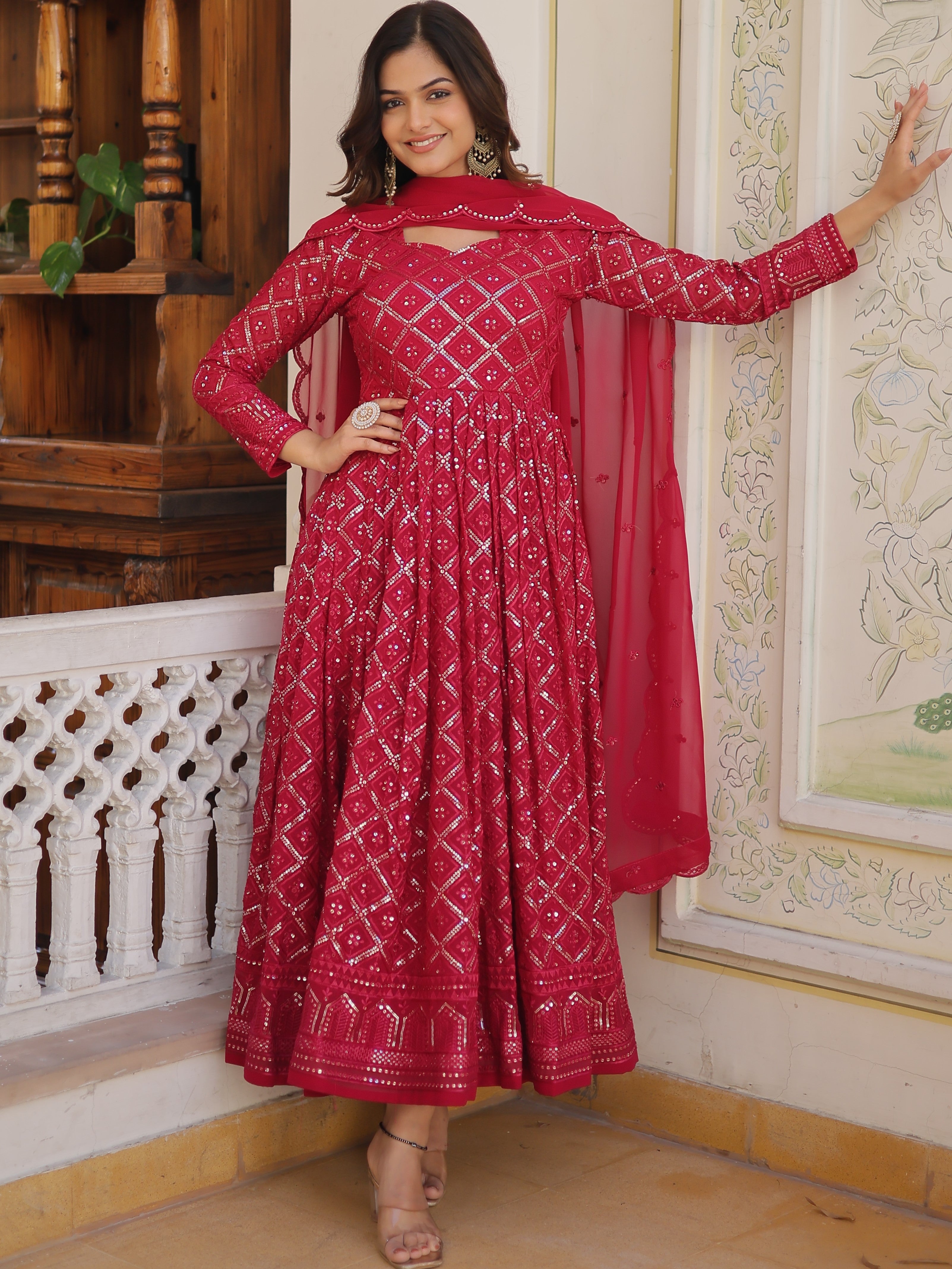 Faux Blooming Embroidered Gown With Dupatta