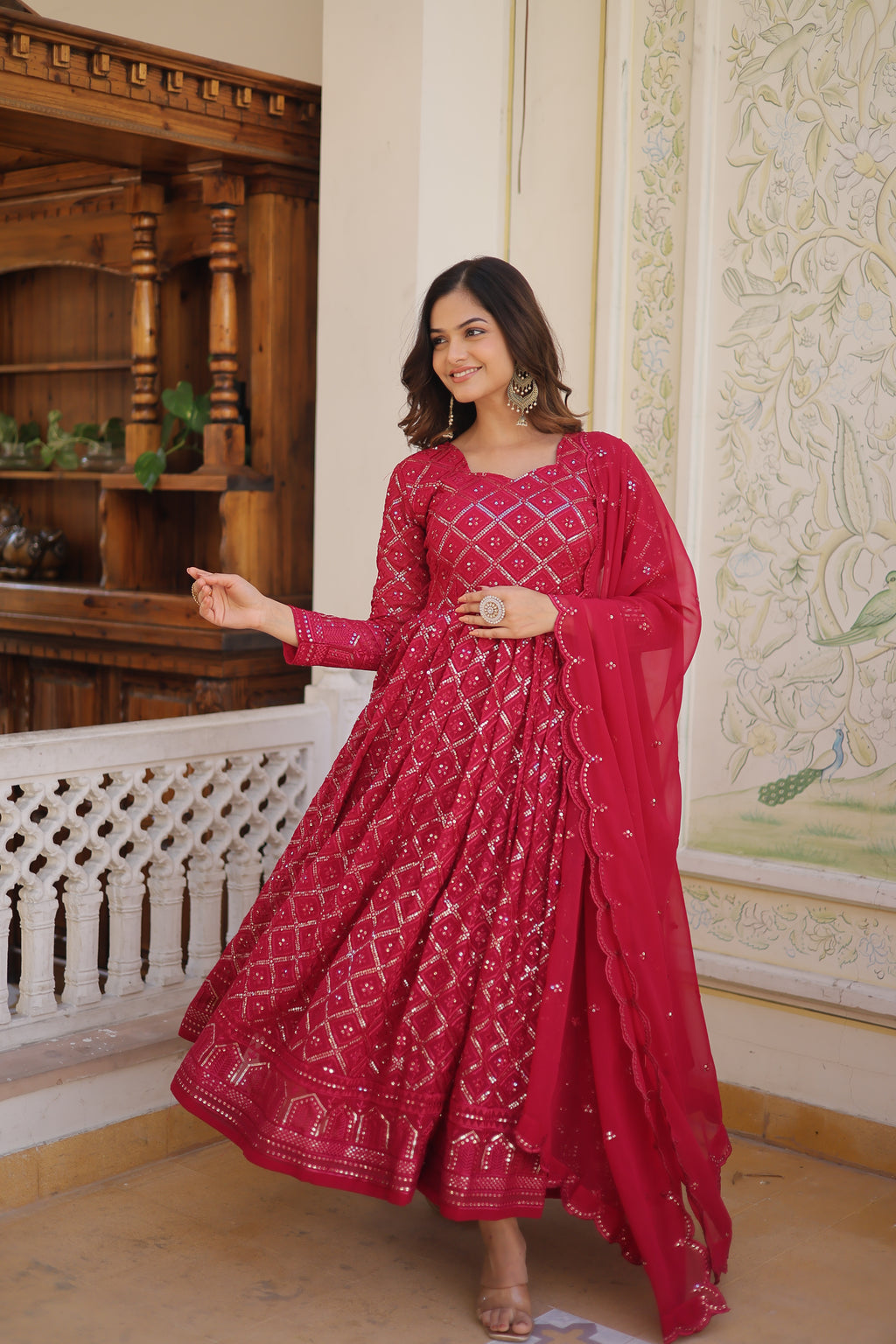 Faux Blooming Embroidered Gown With Dupatta
