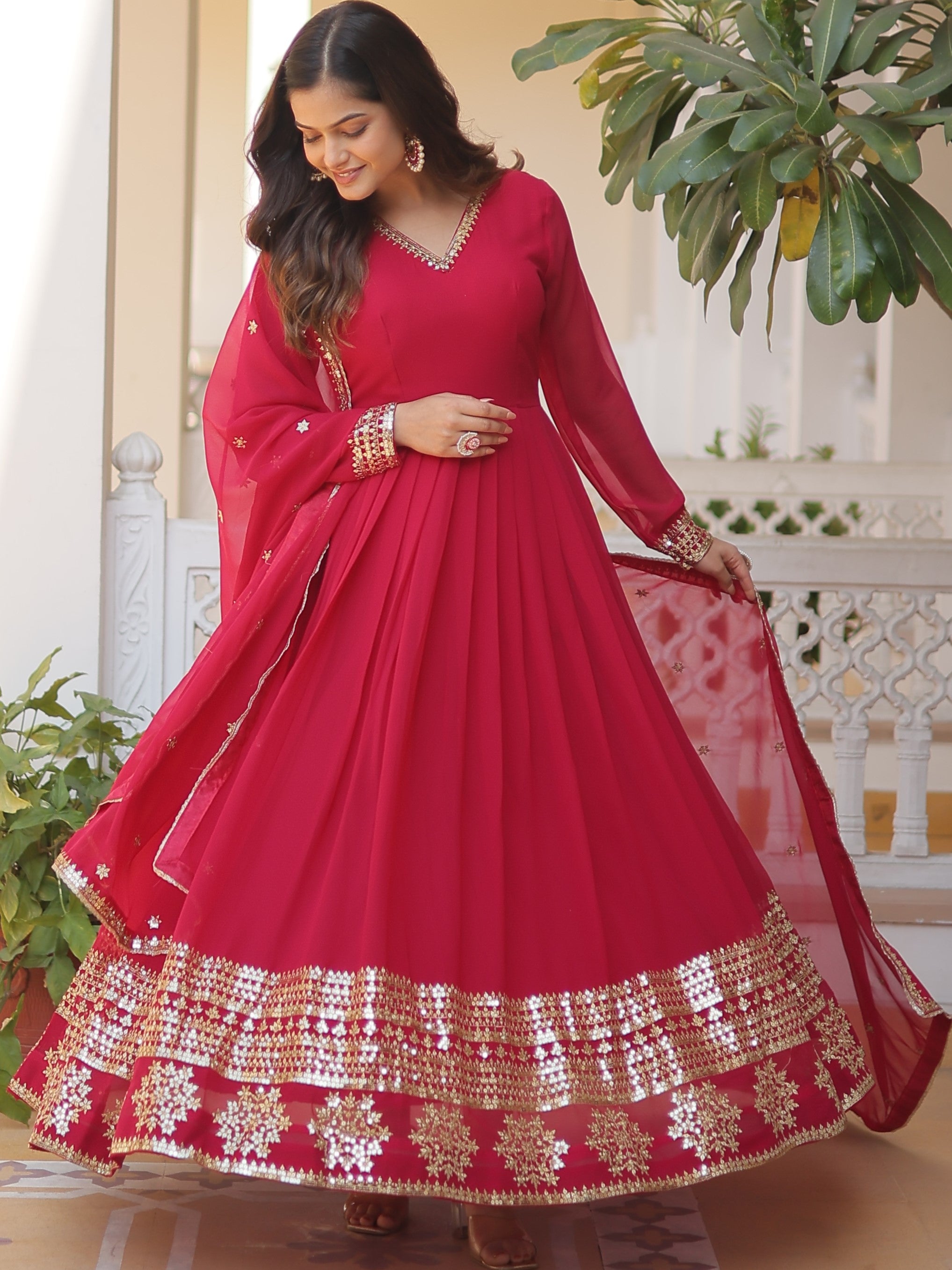 Faux Blooming Embroidered Gown With Dupatta