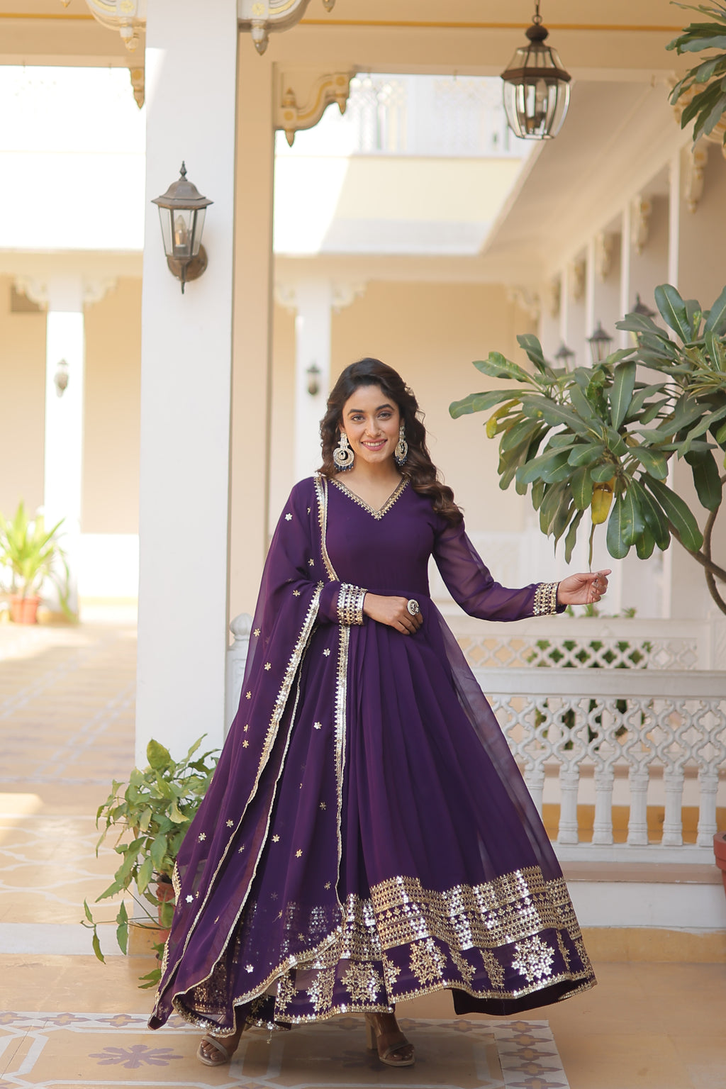 Faux Blooming Embroidered Gown With Dupatta