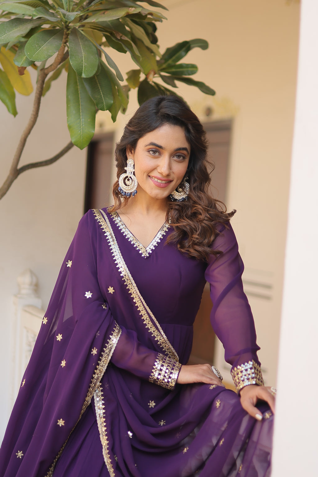 Faux Blooming Embroidered Gown With Dupatta