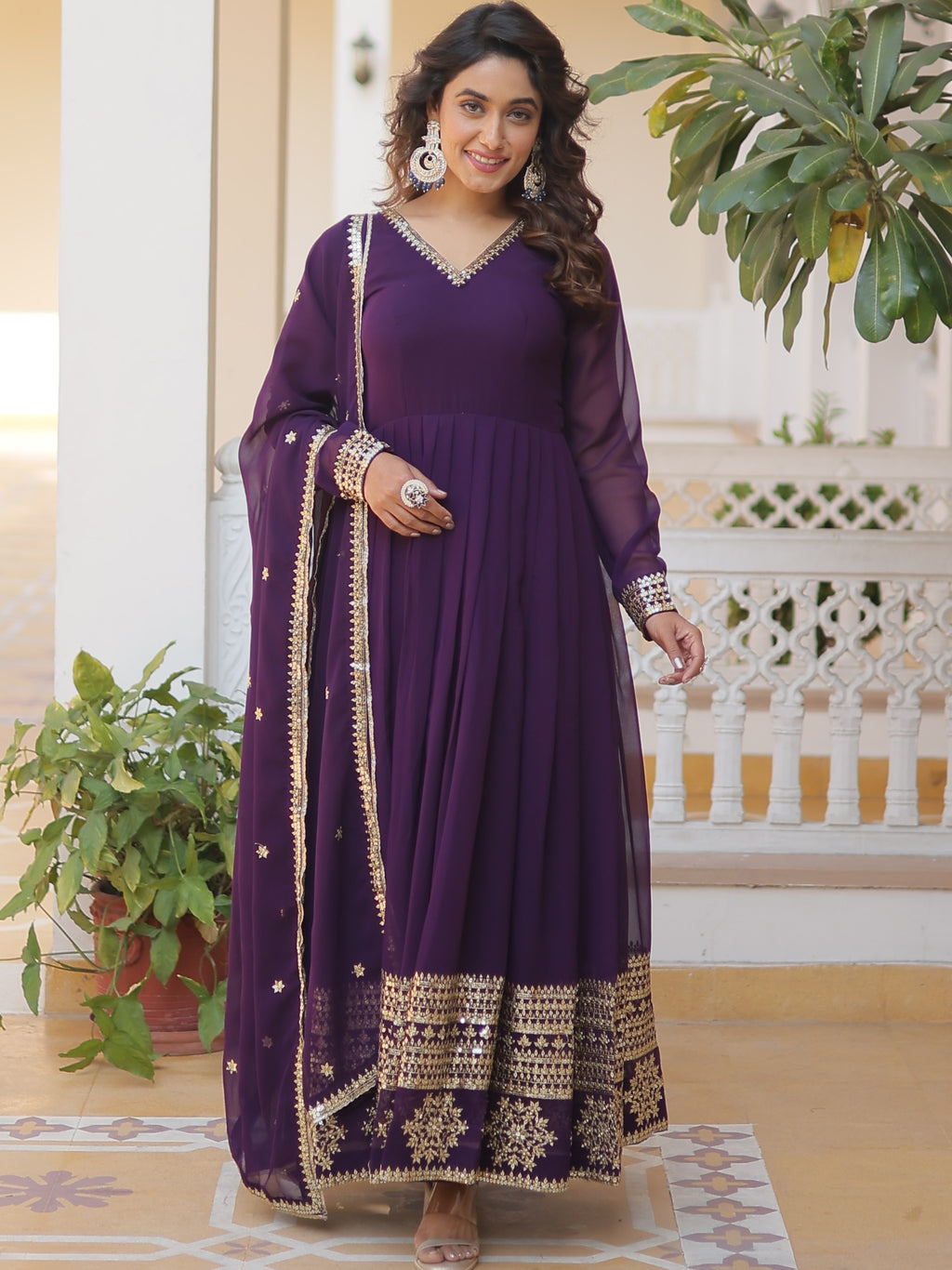 Faux Blooming Embroidered Gown With Dupatta