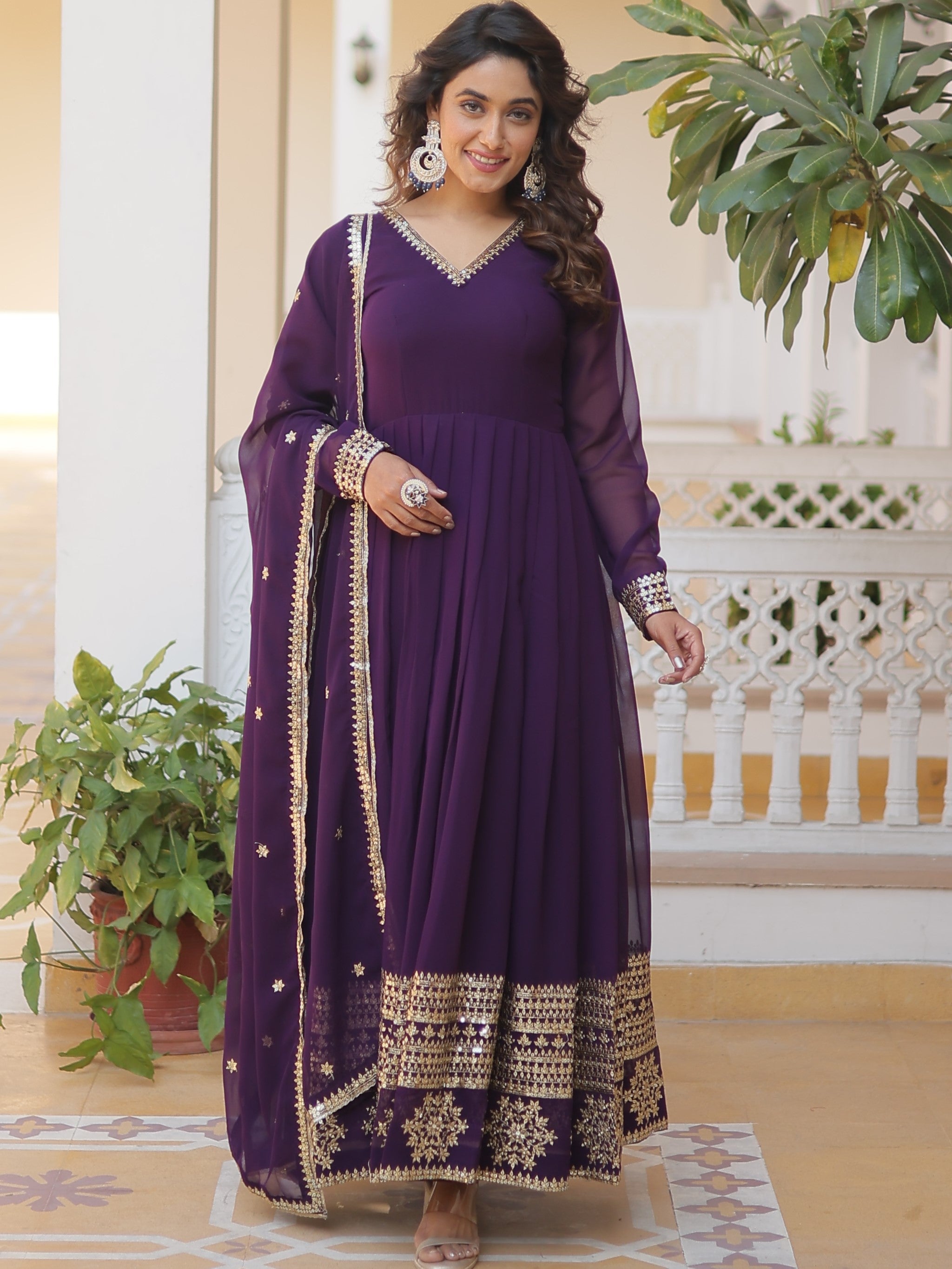 Faux Blooming Embroidered Gown With Dupatta