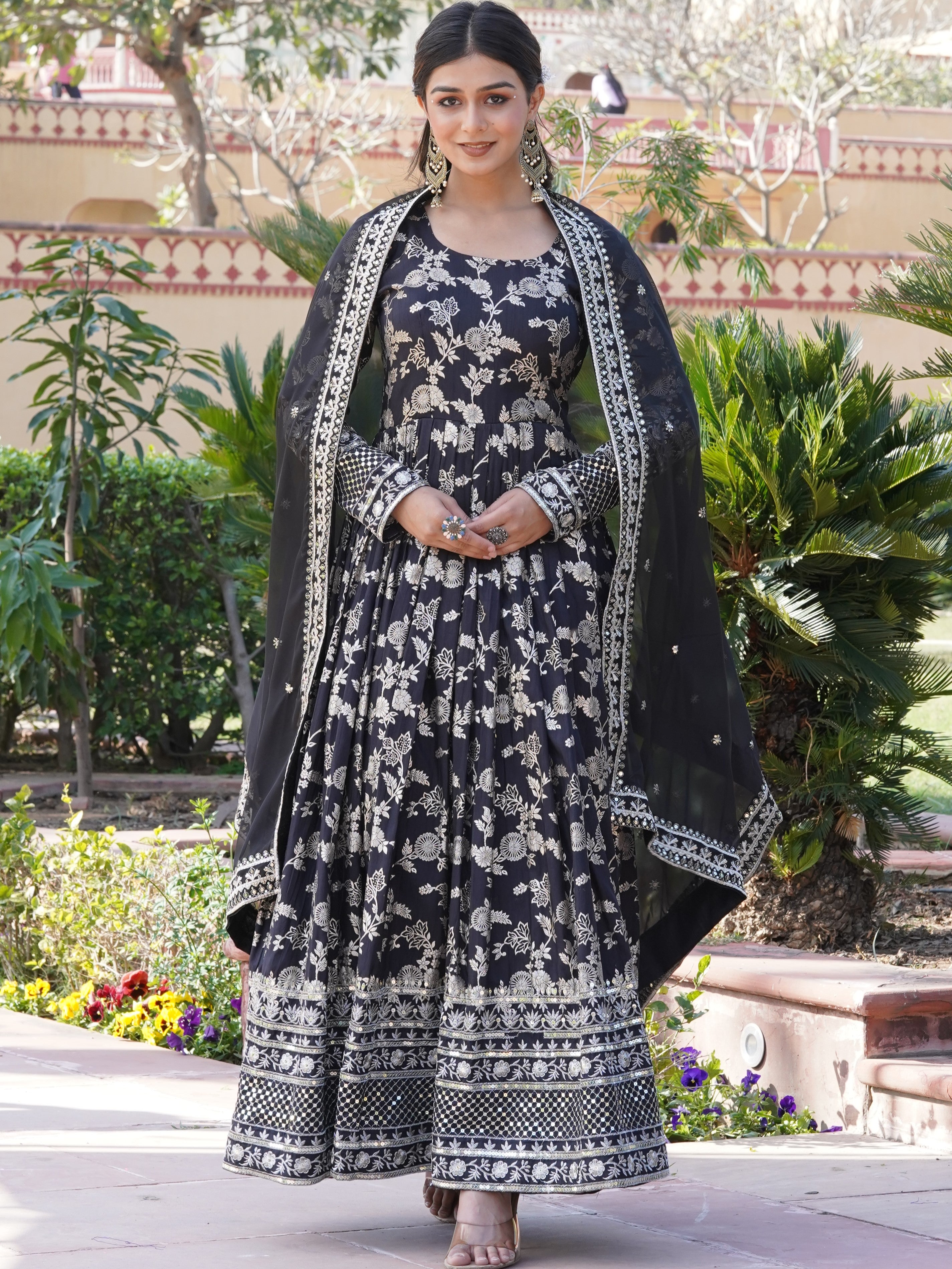 Viscose Jacquard Embroidered Gown With Russian Silk Dupatta