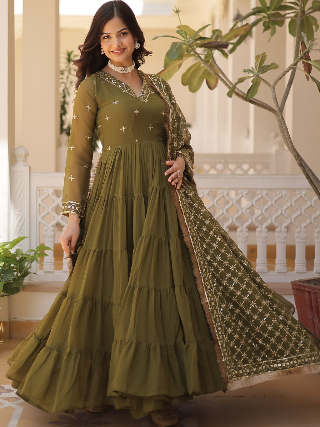 Faux Georgette Embroidered Gown For Women