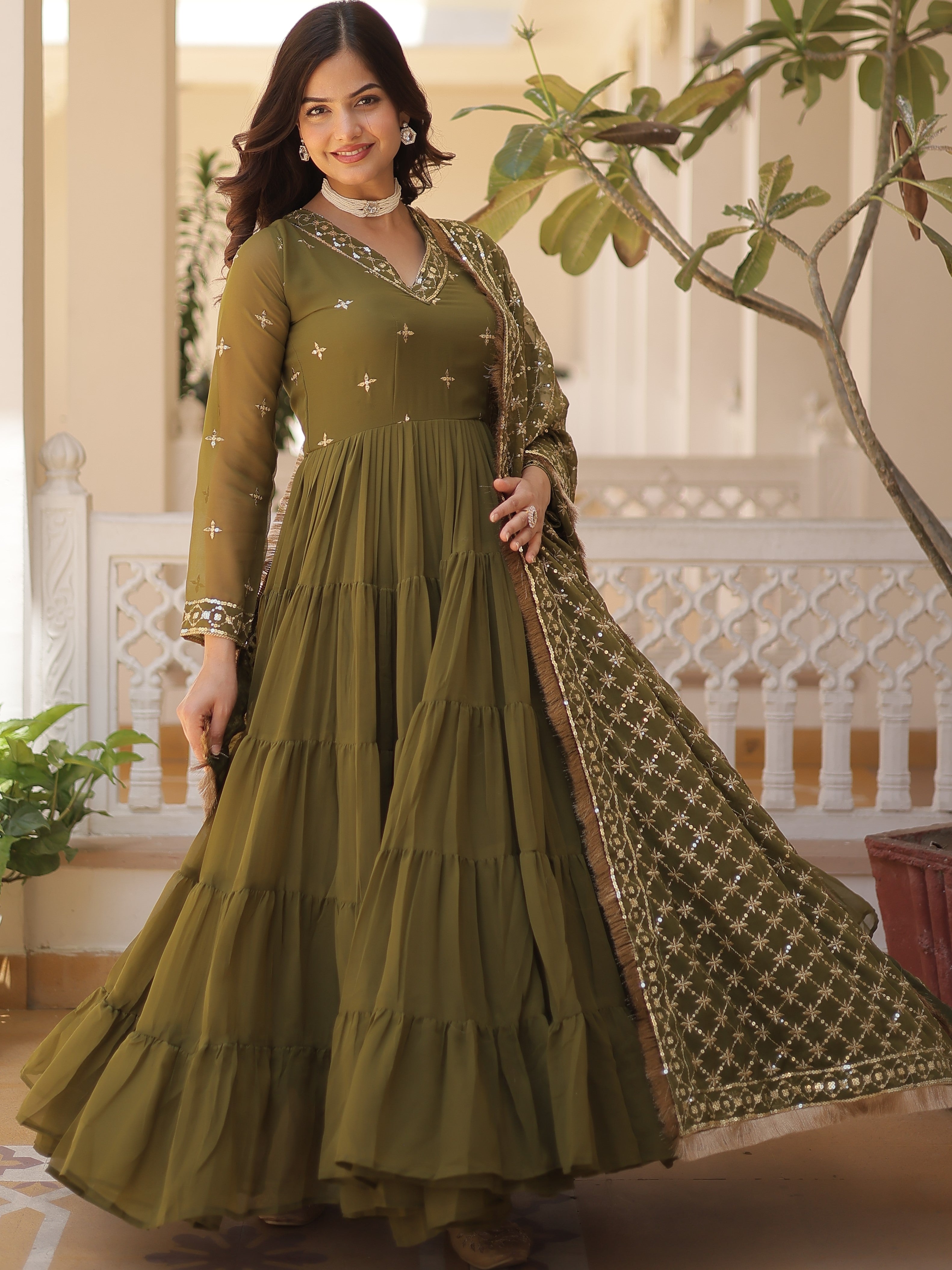 Faux Georgette Embroidered Gown For Women
