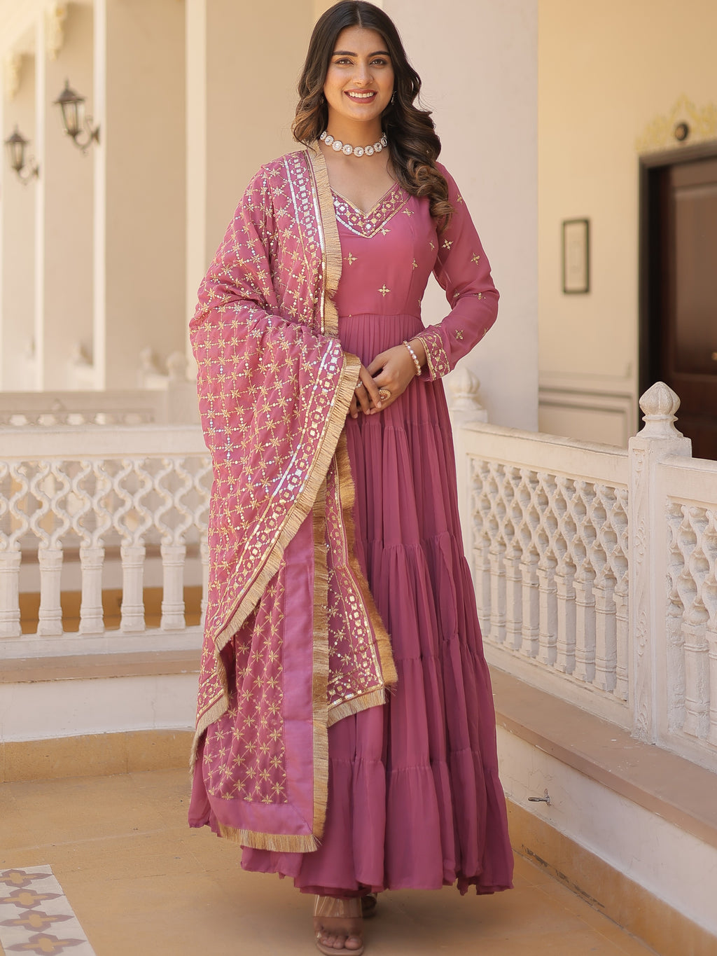 Faux Georgette Embroidered Gown For Women