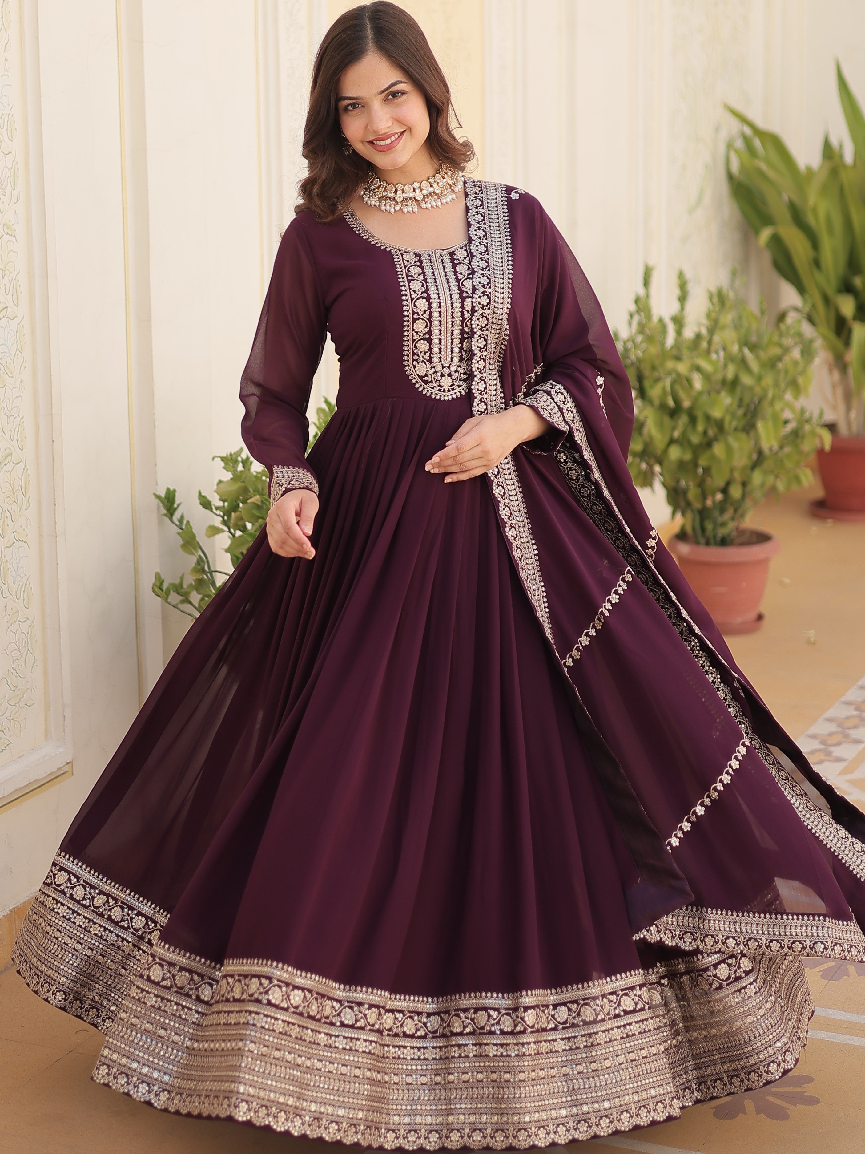 Faux Blooming Emrboidered Gown For Women