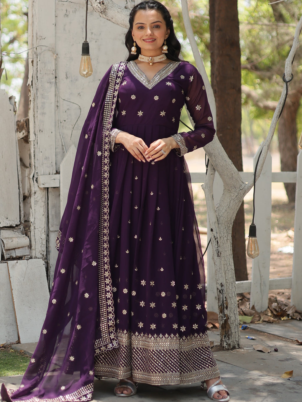 Faux Blooming Embroidered Gown For Women