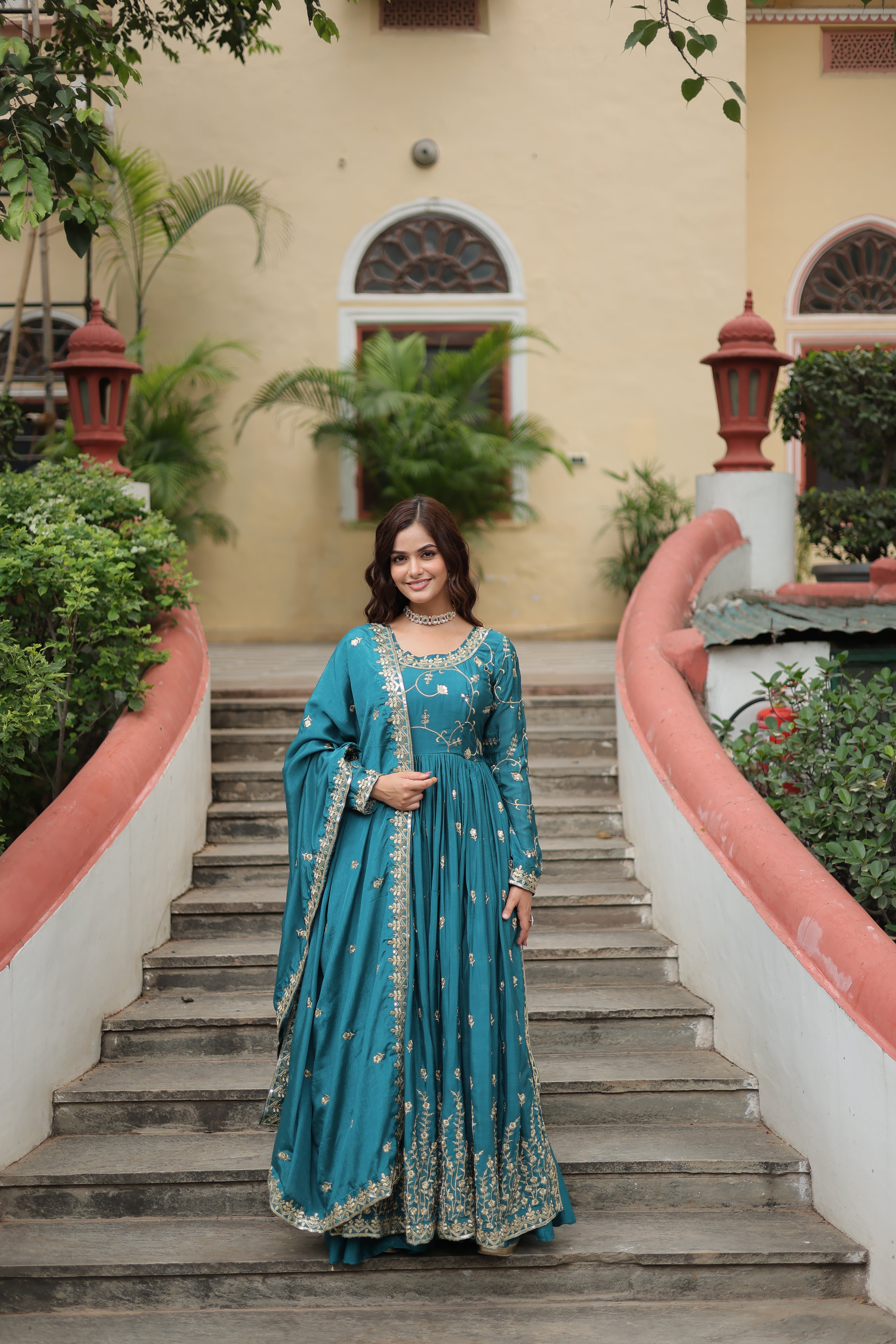 Chinon Embroidered Kurti Sharara Set For Women