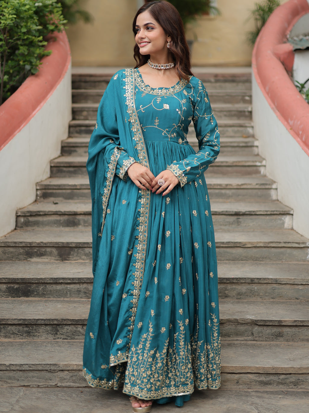 Chinon Embroidered Kurti Sharara Set For Women