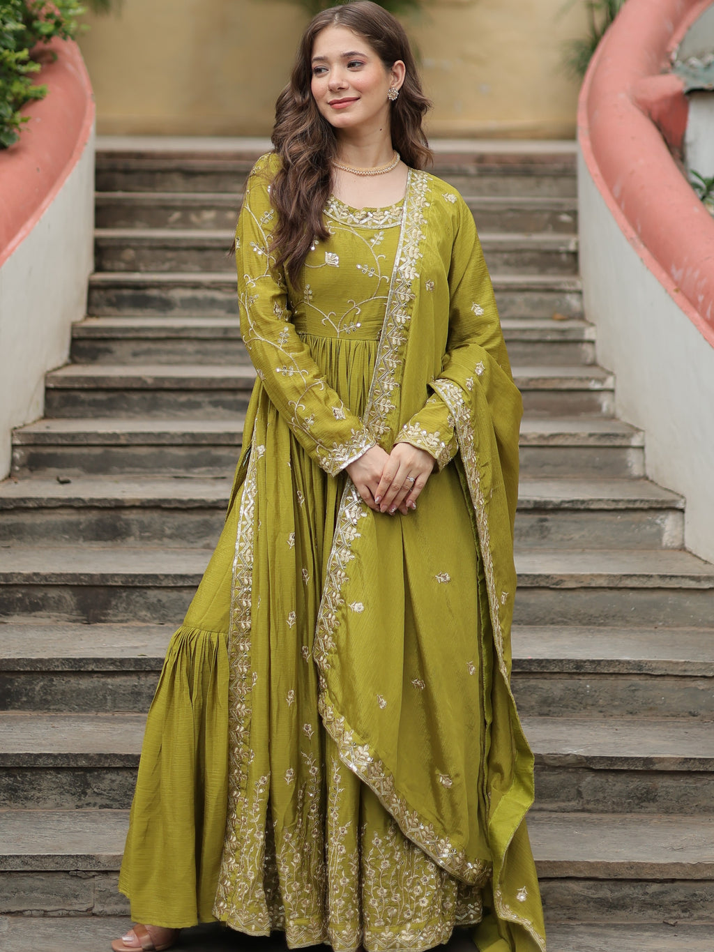 Chinon Embroidered Kurti Sharara Set For Women