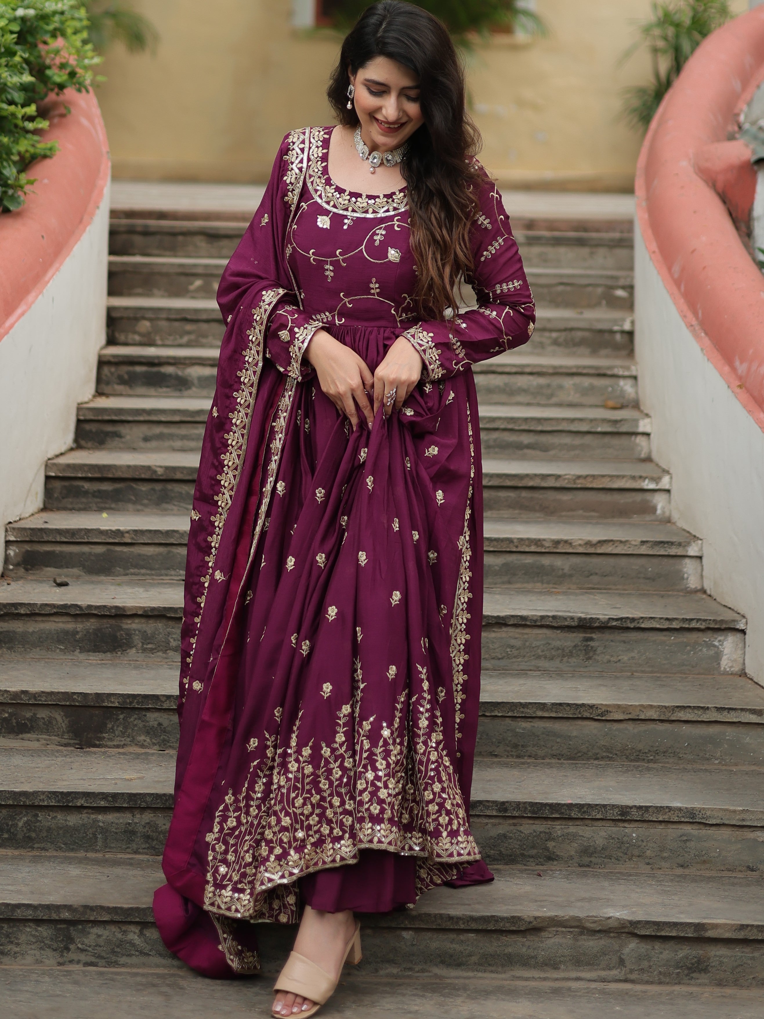 Chinon Embroidered Kurti Sharara Set For Women