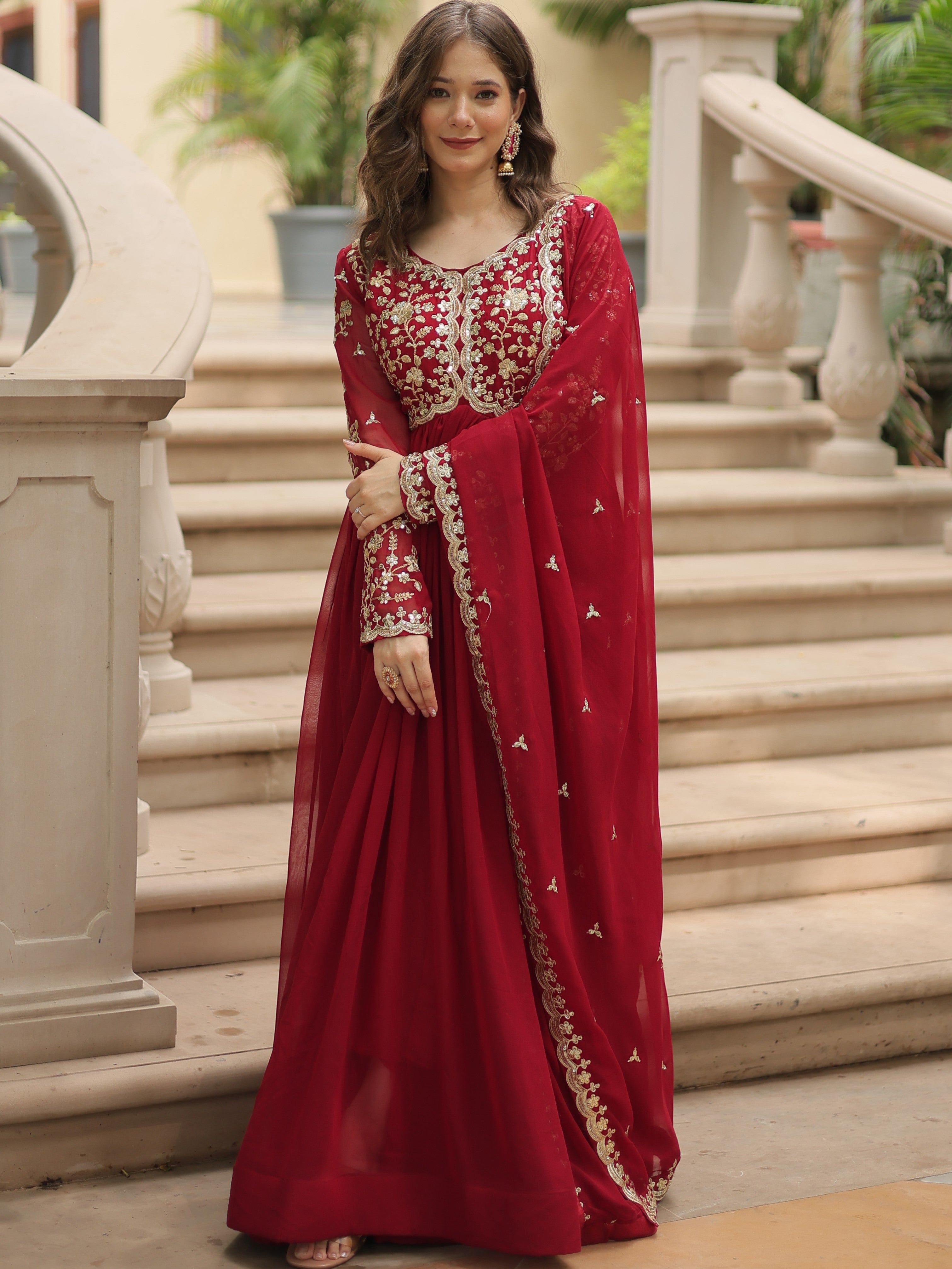 Faux Blooming Embroidered Gown For Women