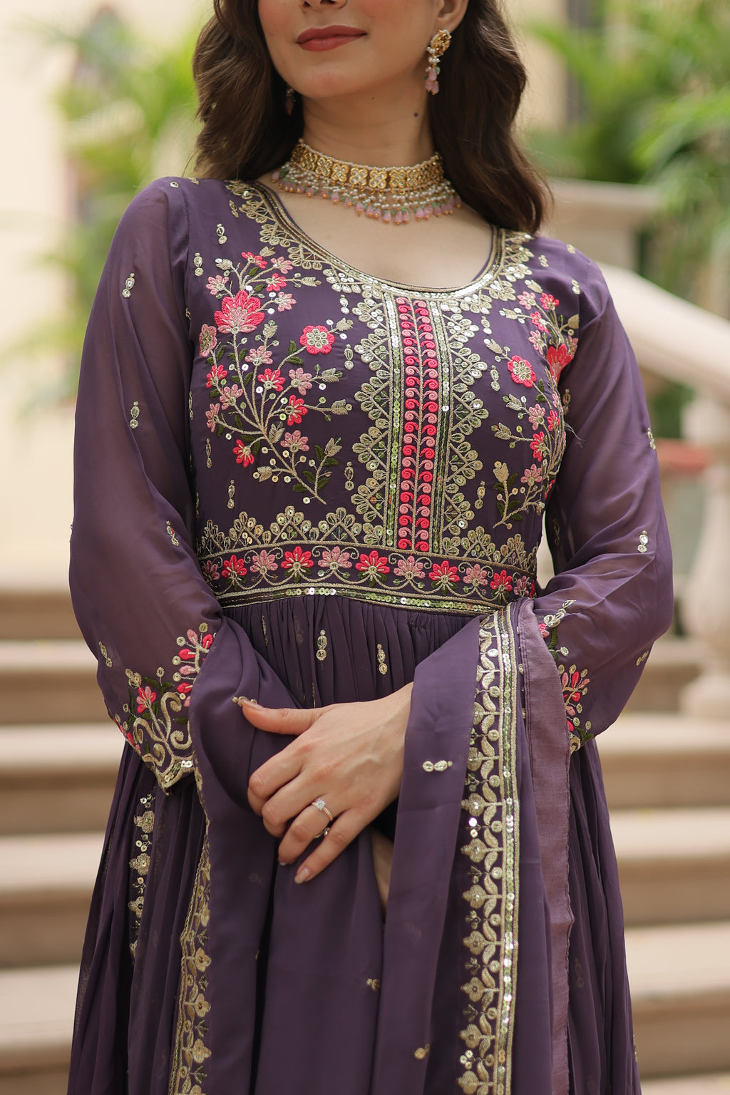 Georgette Embroidered Kurti Sharara Set For Women