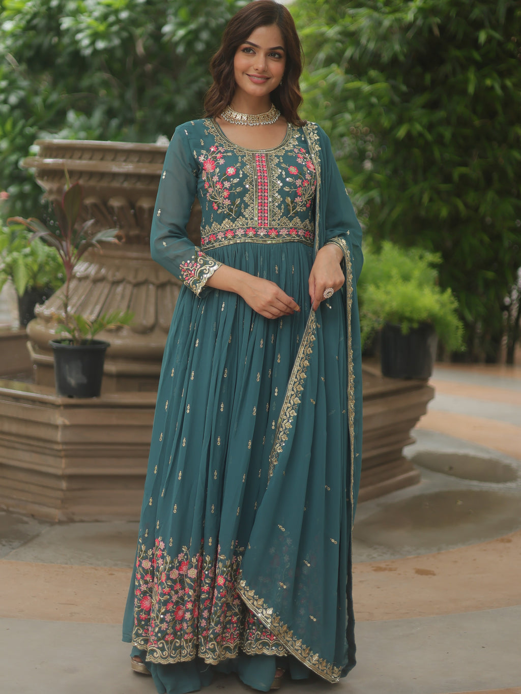 Georgette Embroidered Kurti Sharara Set For Women