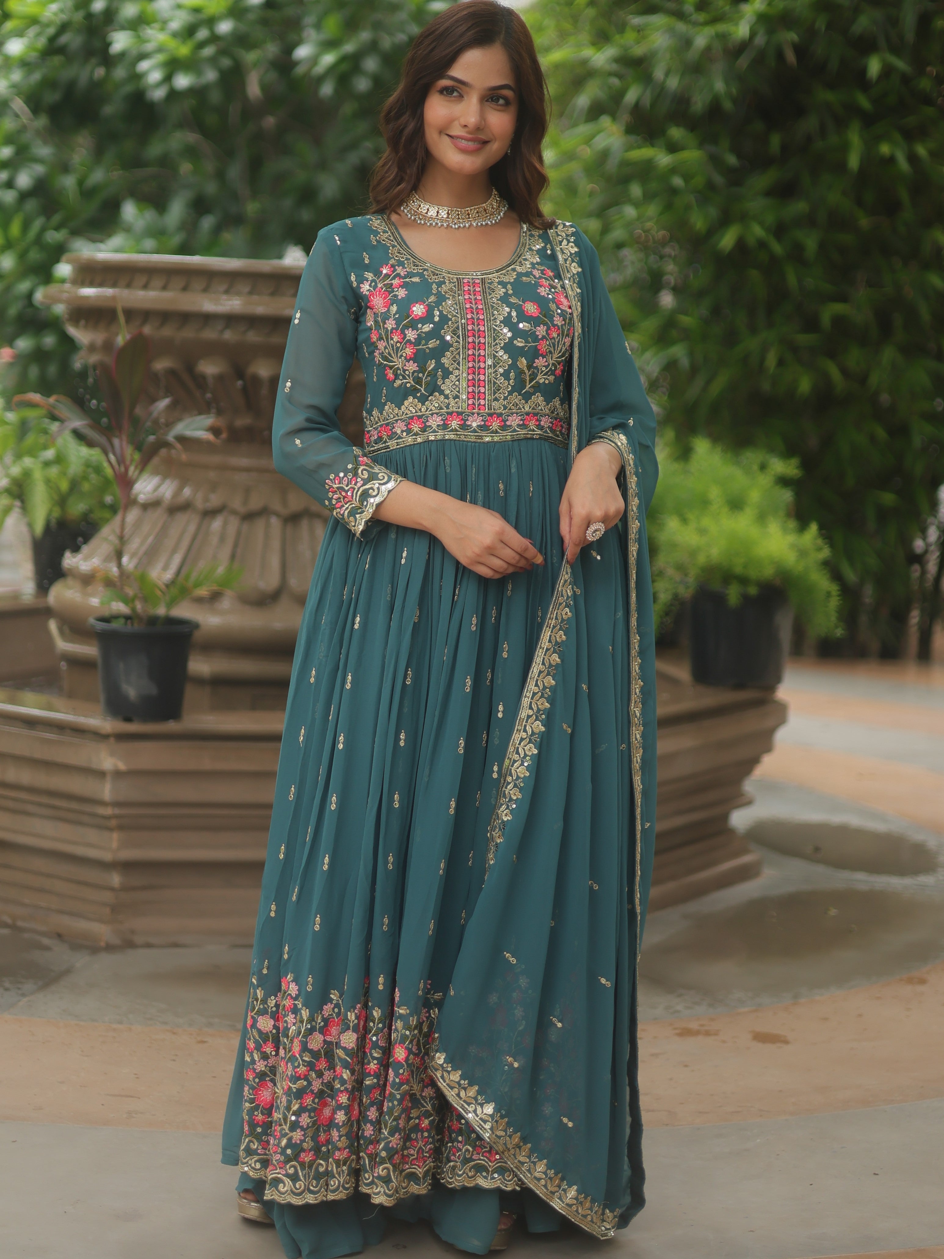 Georgette Embroidered Kurti Sharara Set For Women
