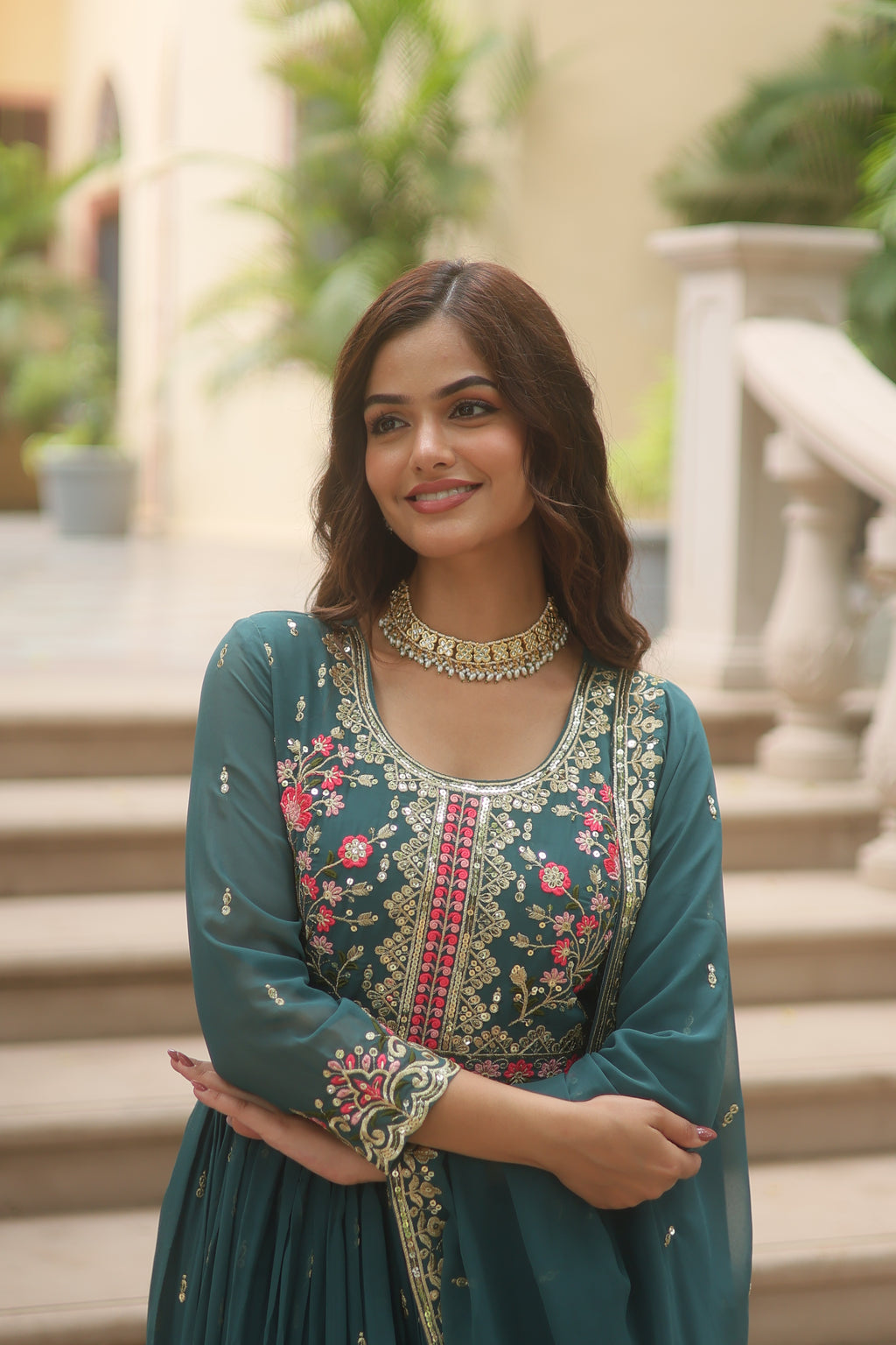 Georgette Embroidered Kurti Sharara Set For Women