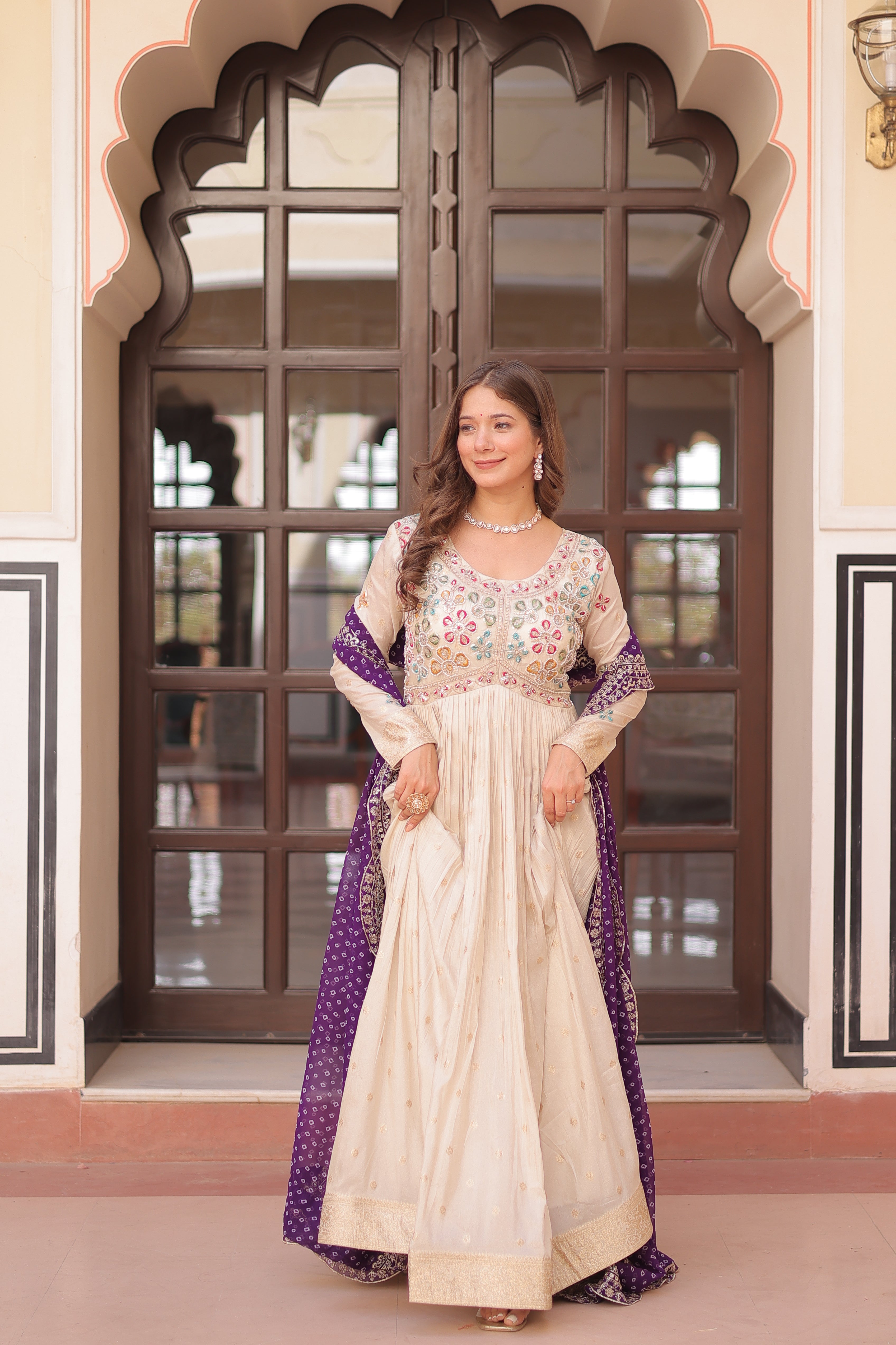 Cosmos Embroidered Work Gown For Women