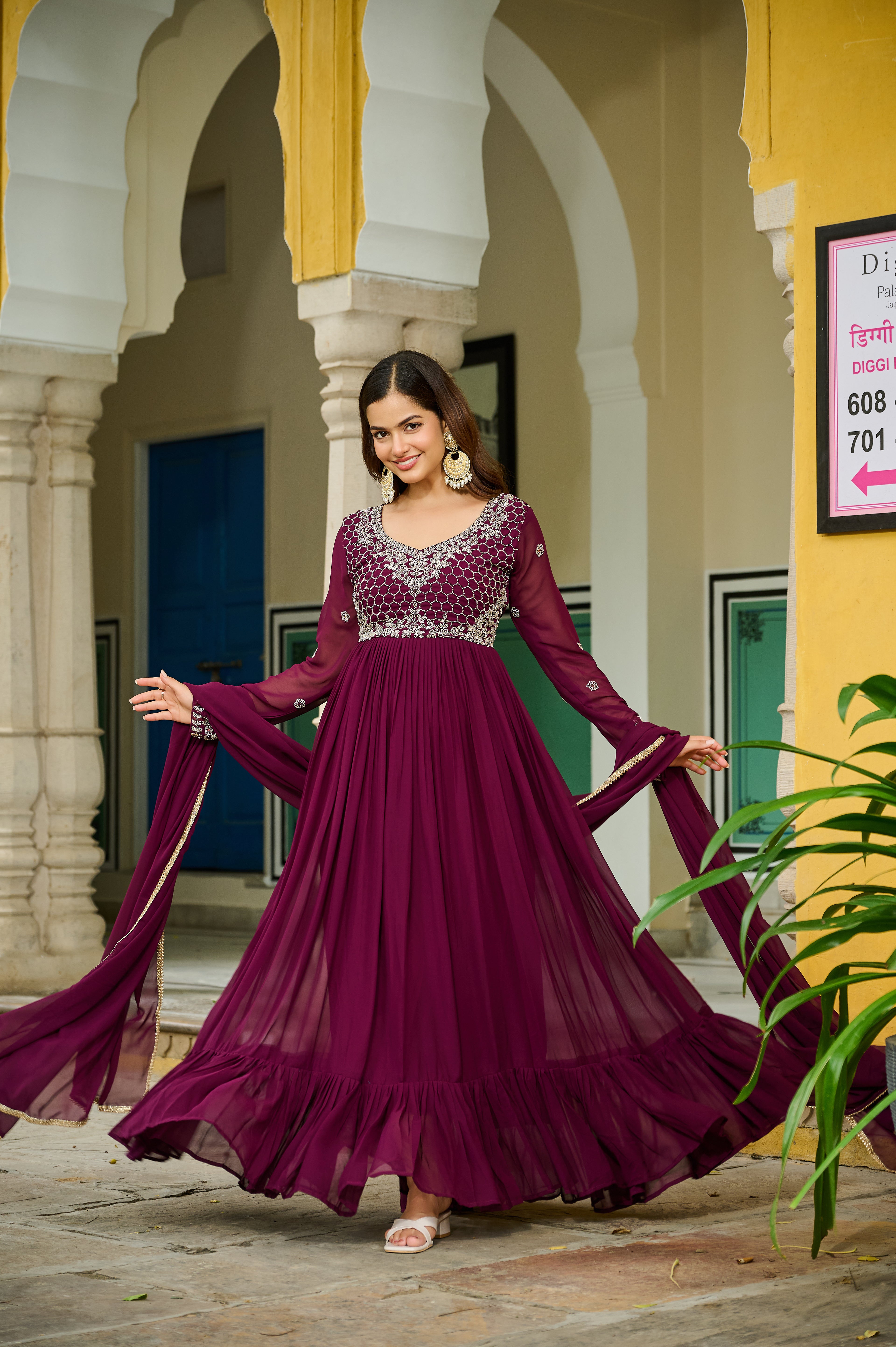 Wine Georgette Gown For Women