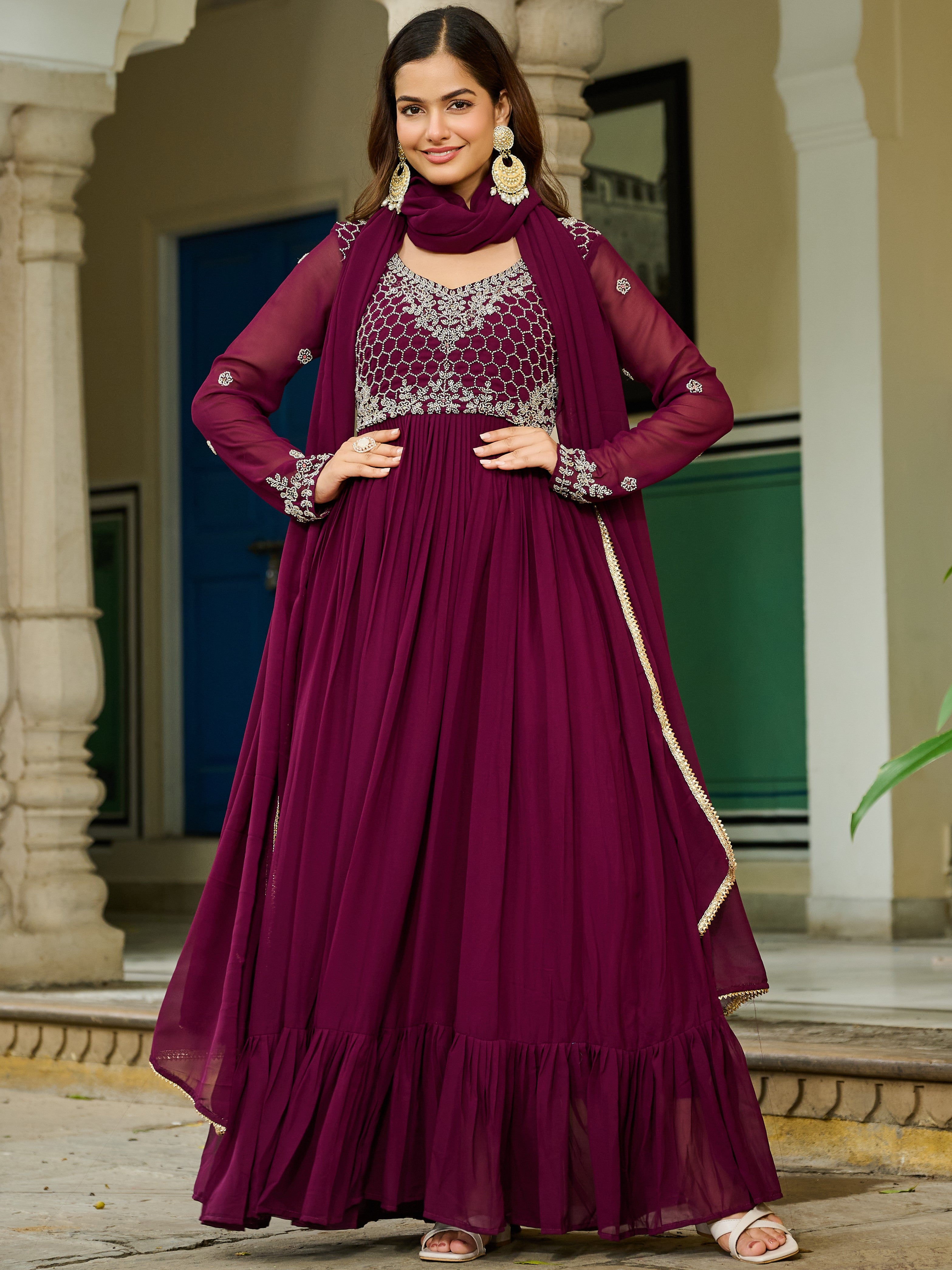 Wine Georgette Gown For Women