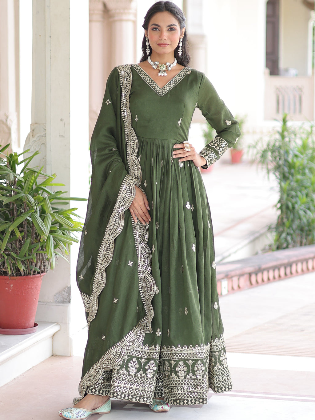 Vichitra Silk Zari Embroidered Gown With Dupatta