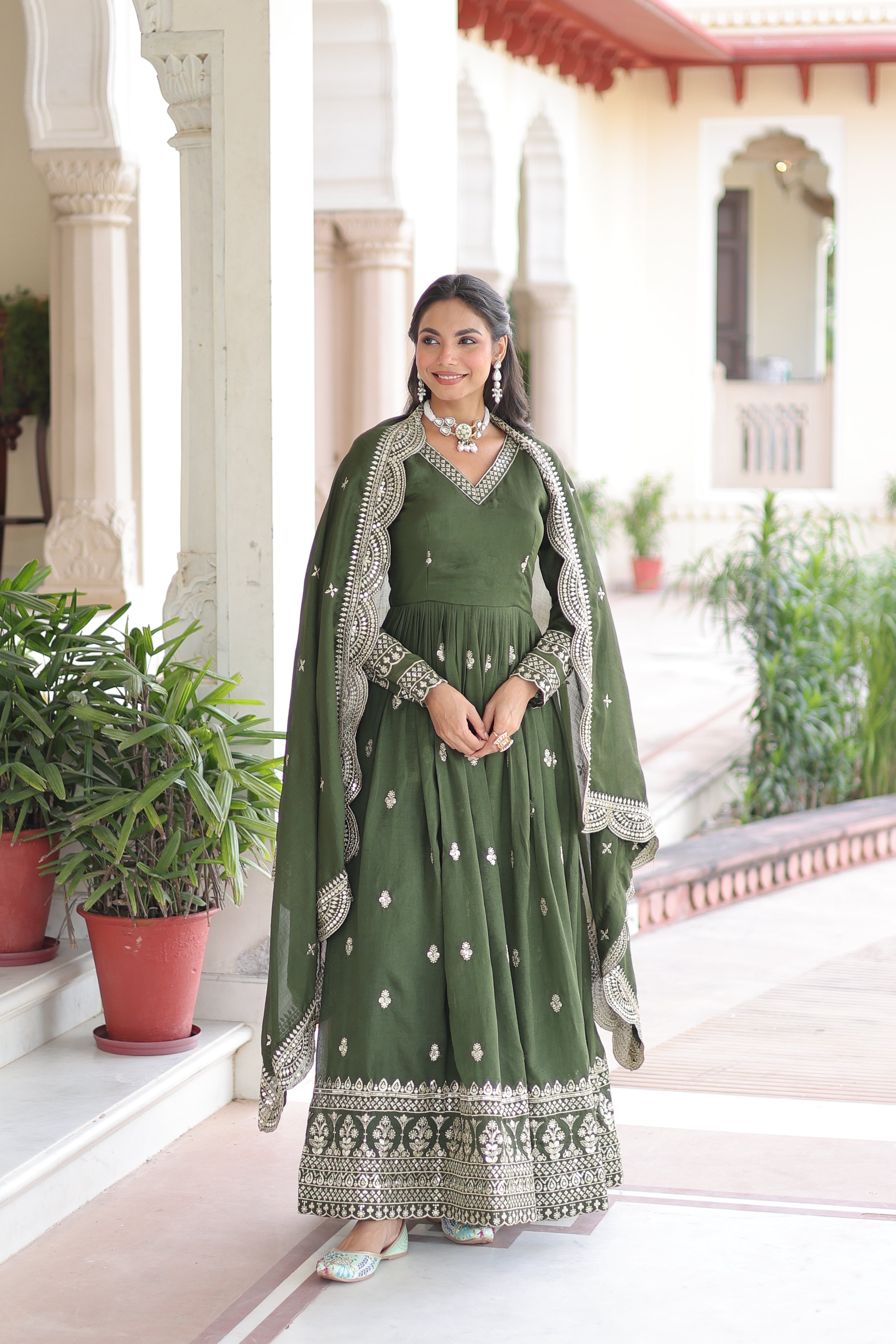 Vichitra Silk Zari Embroidered Gown With Dupatta