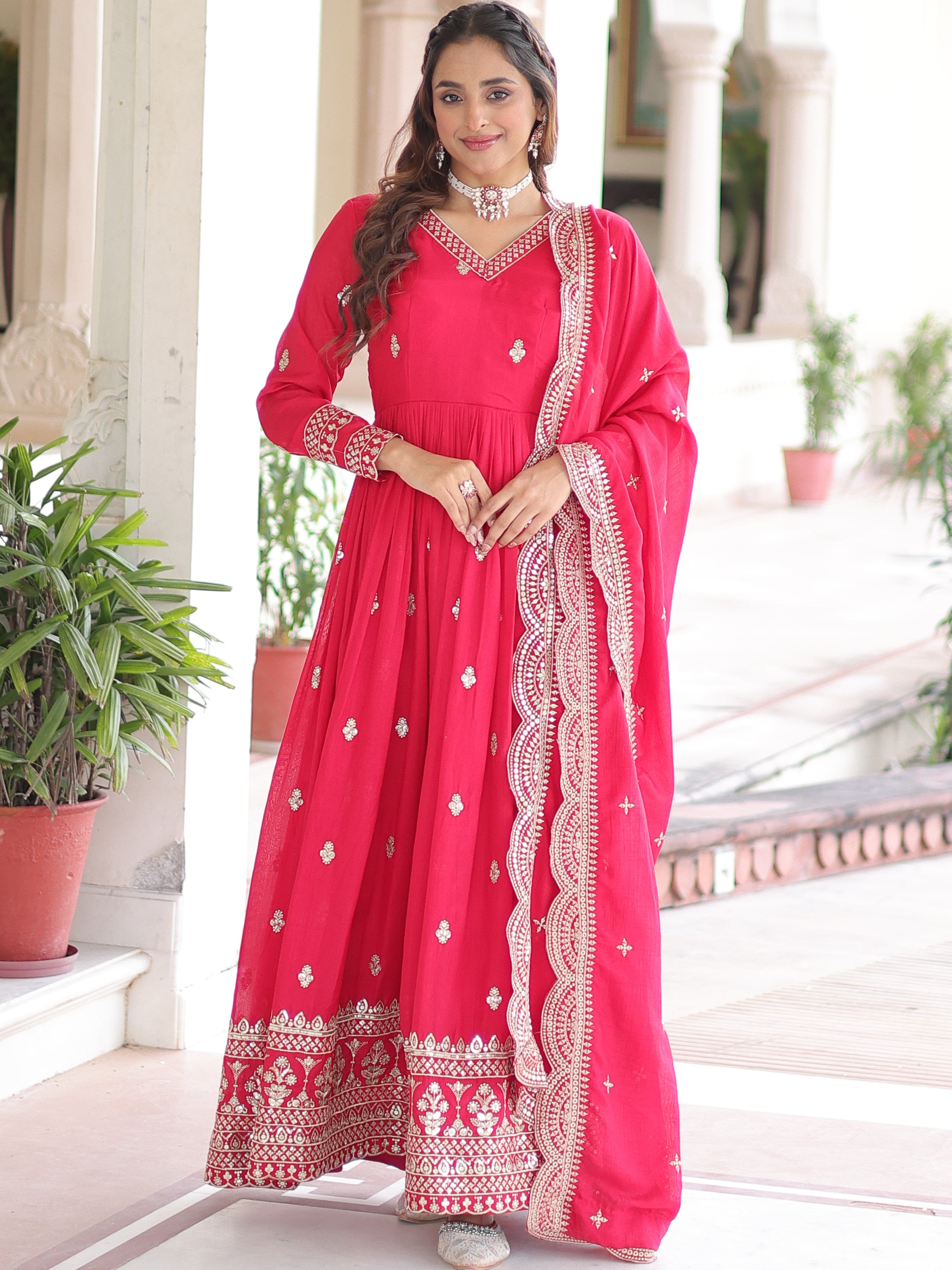 Vichitra Silk Zari Embroidered Gown With Dupatta