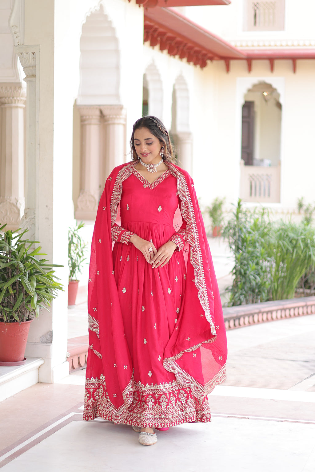 Vichitra Silk Zari Embroidered Gown With Dupatta