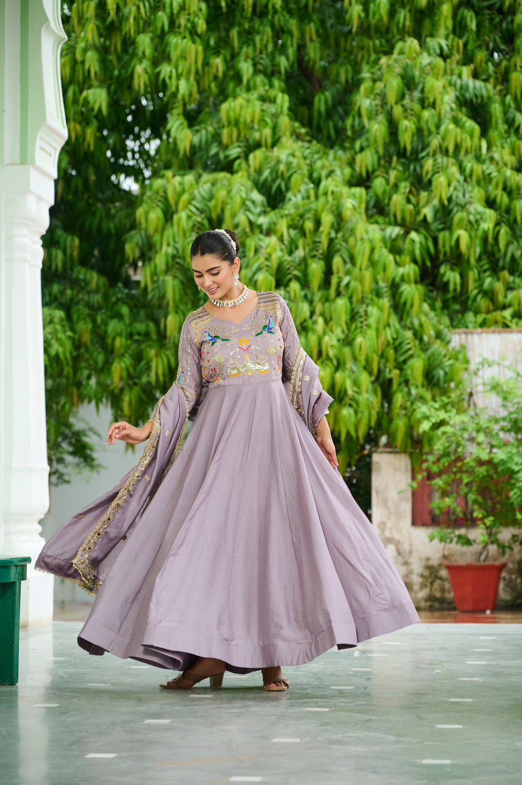 Vichitra Silk Multi Thread Embroidered Gown With Dupatta