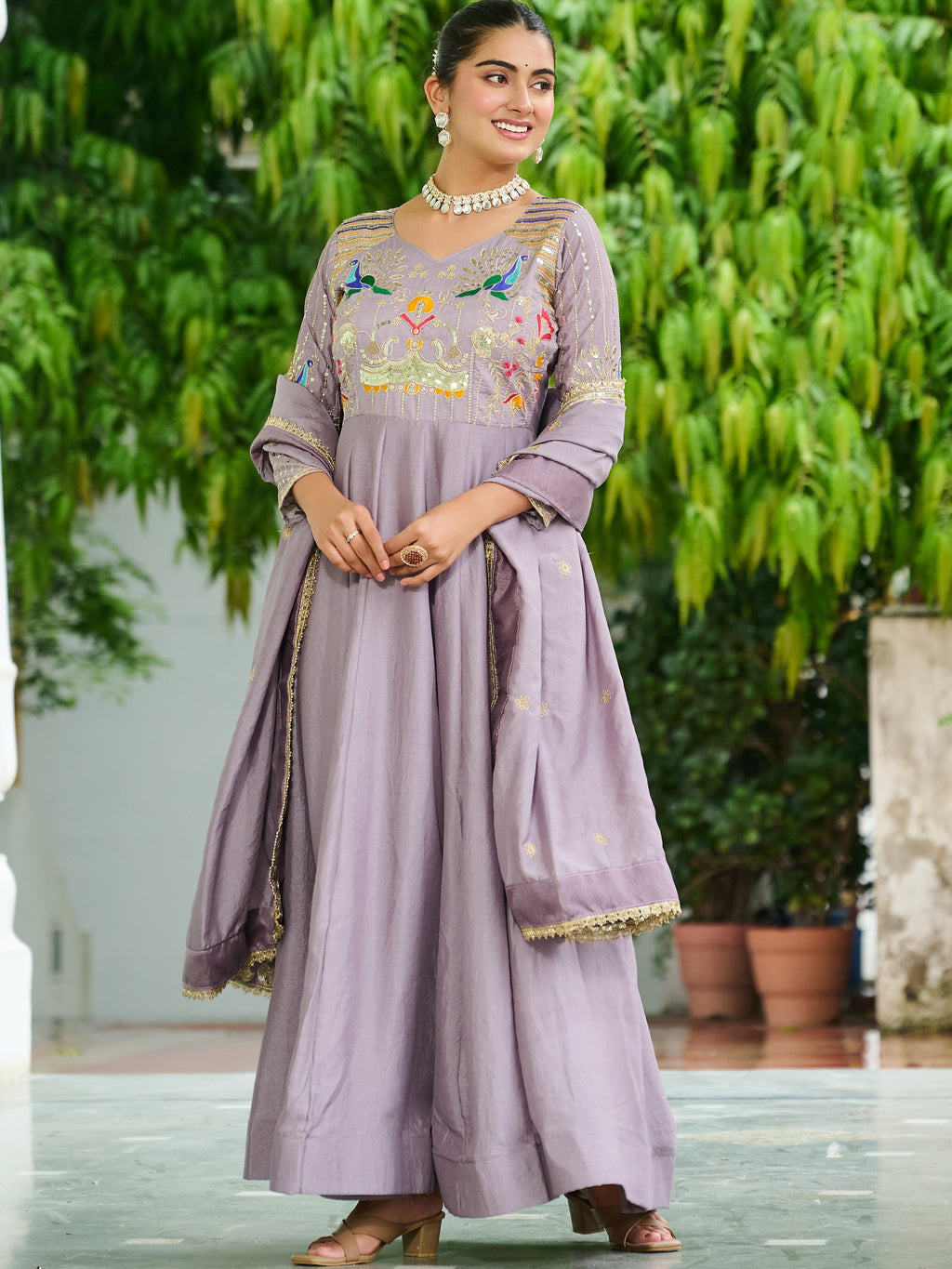 Vichitra Silk Multi Thread Embroidered Gown With Dupatta