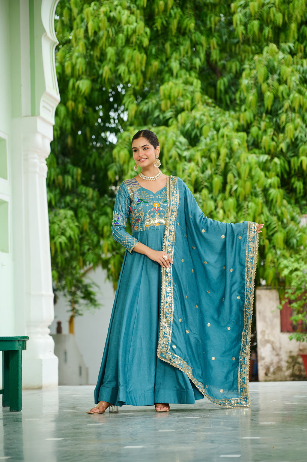 Vichitra Silk Multi Thread Embroidered Gown With Dupatta