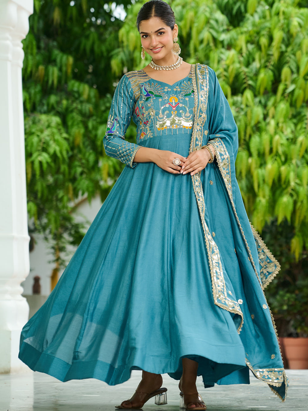 Vichitra Silk Multi Thread Embroidered Gown With Dupatta