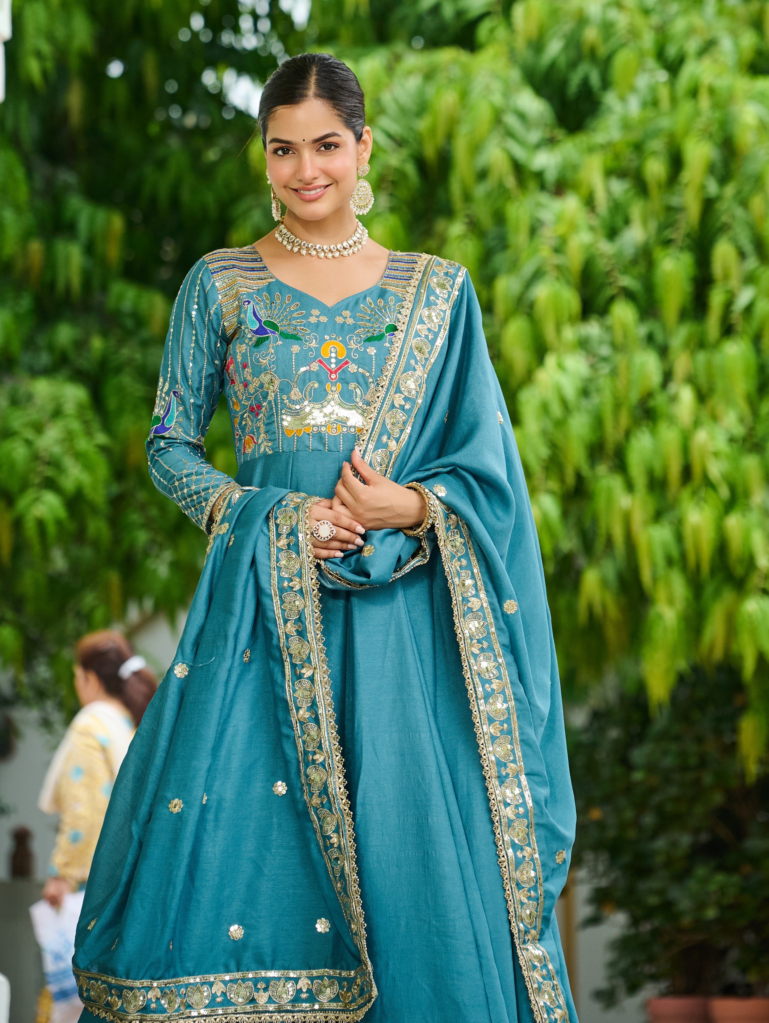 Vichitra Silk Multi Thread Embroidered Gown With Dupatta