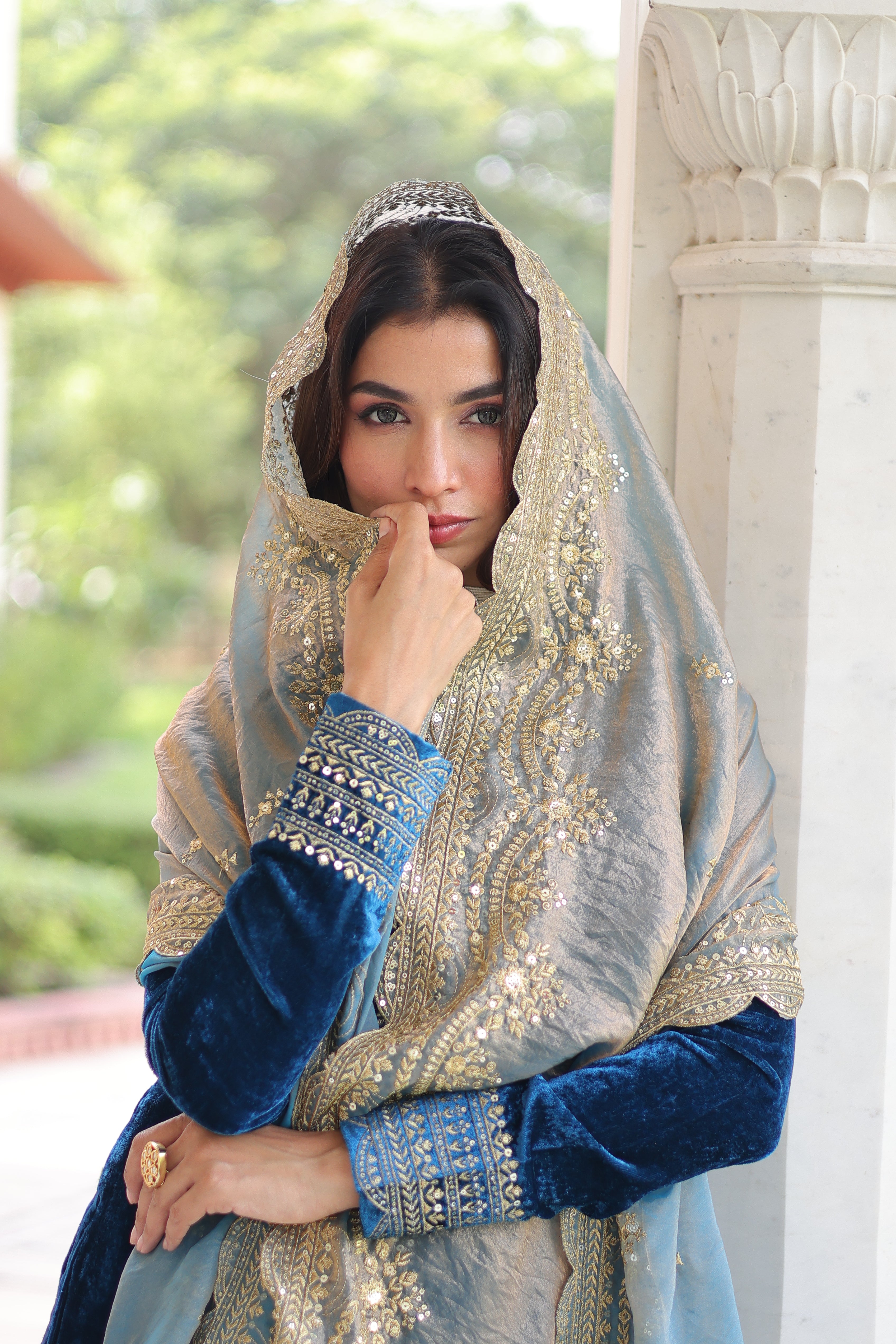 Velvet Zari Embroidered Top Bottom Set For Women