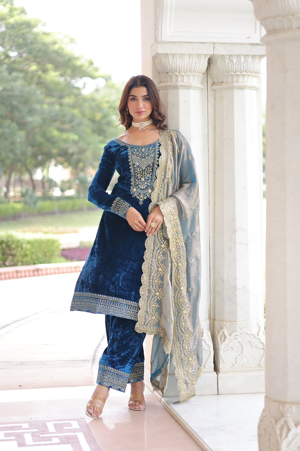 Velvet Zari Embroidered Top Bottom Set For Women