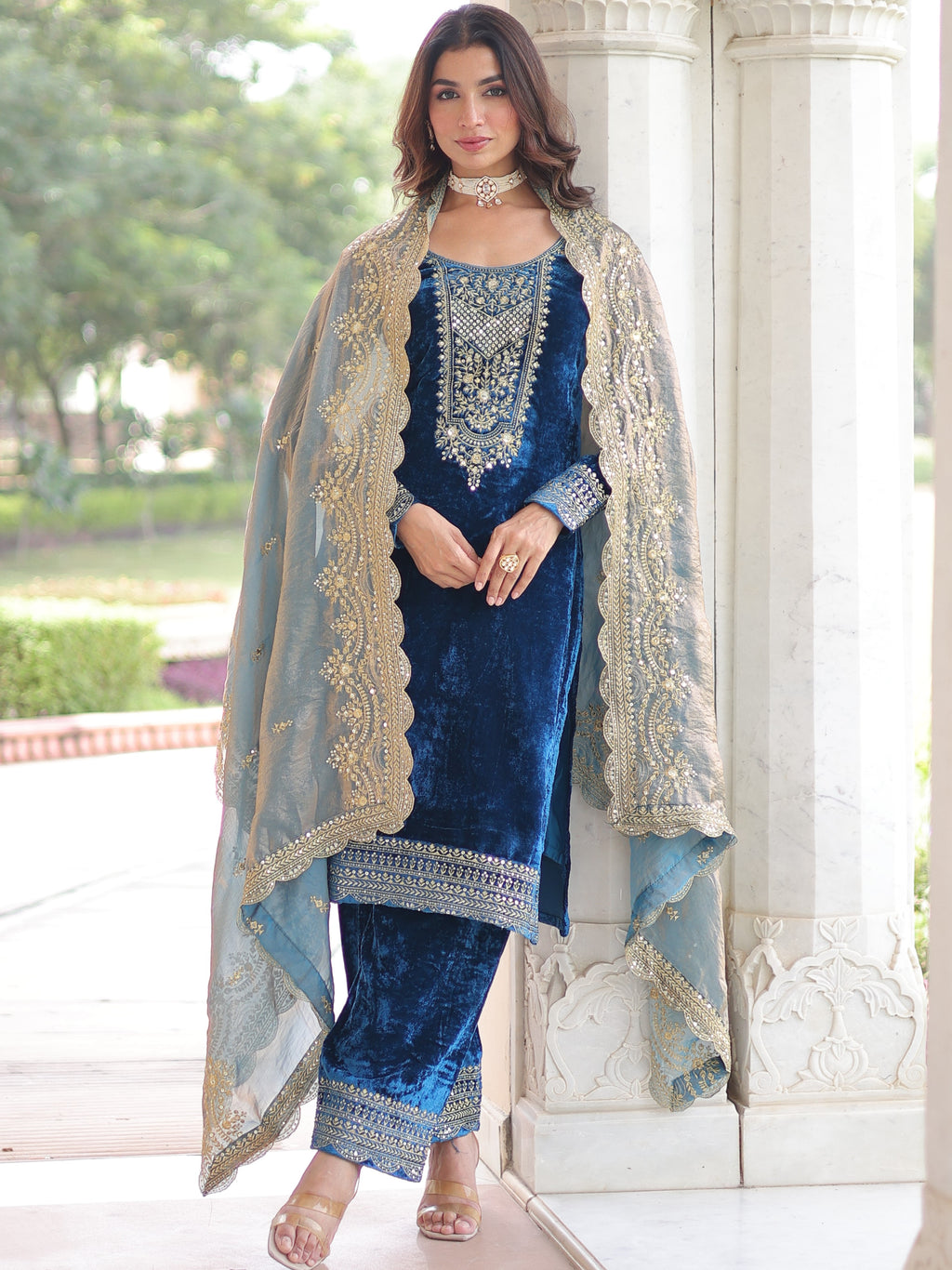 Velvet Zari Embroidered Top Bottom Set For Women